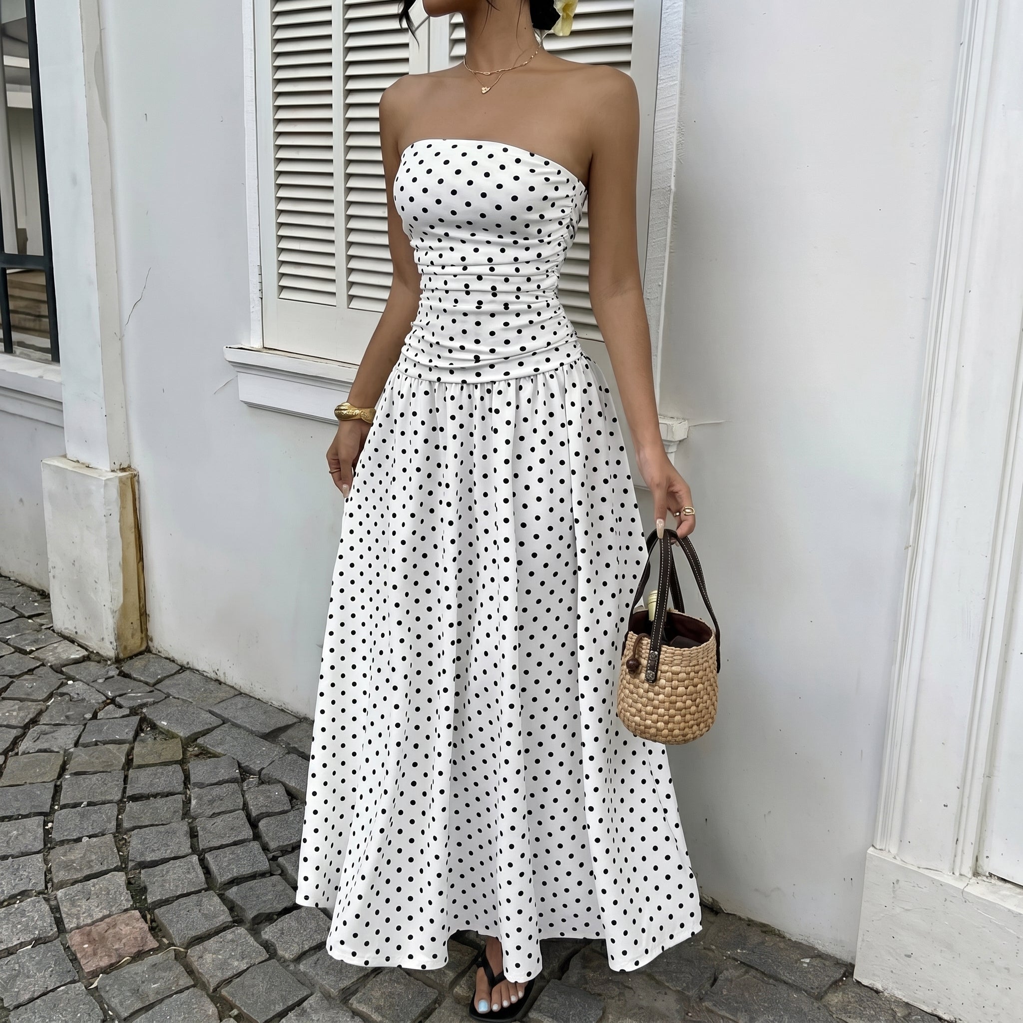Lorelei - Women's Summer Polka Dot Strapless Maxi Dress