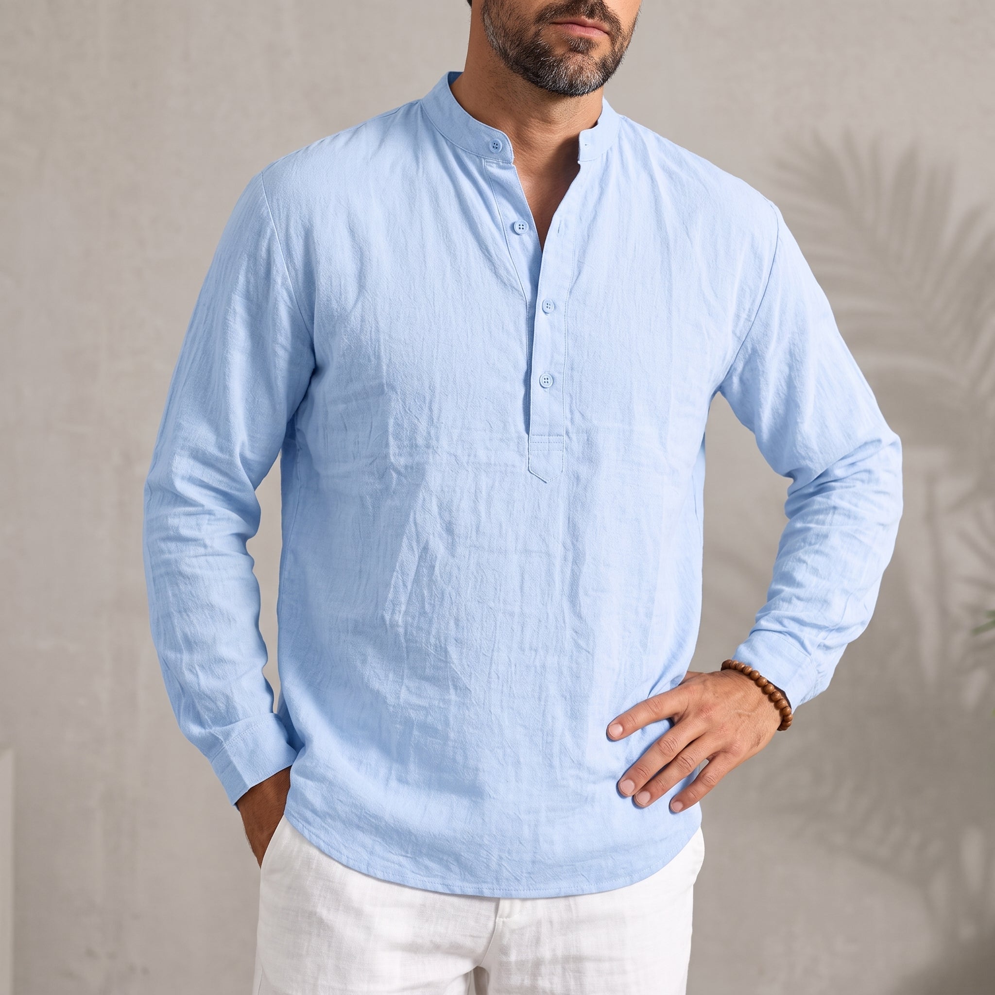 Louis - Men's Casual Grandad Collar Long Sleeve Shirt - Shirts - Light Blue - Parker&Brooks