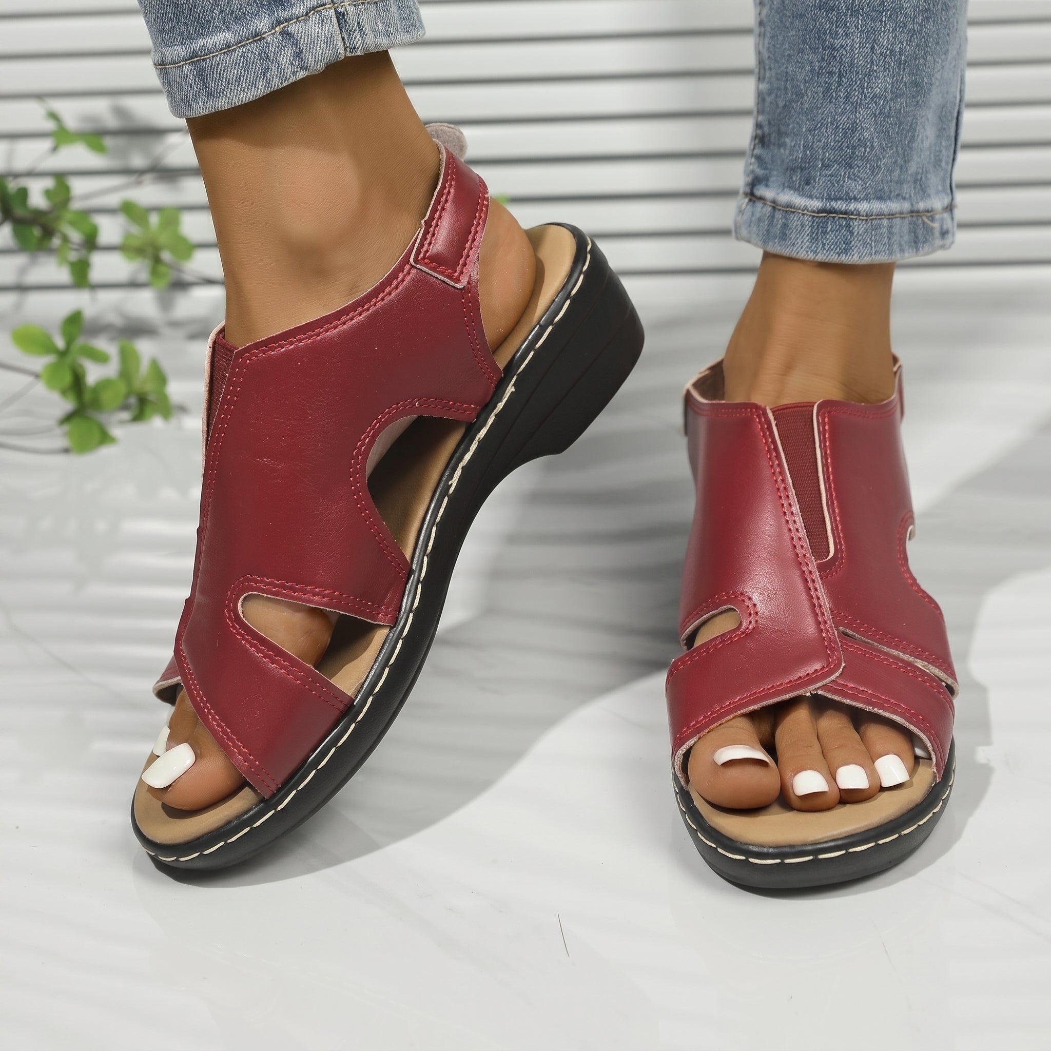Louise - Women's Orthopedic Cut-Out Wedge Sandals - Sandals - Red - Parker&Brooks