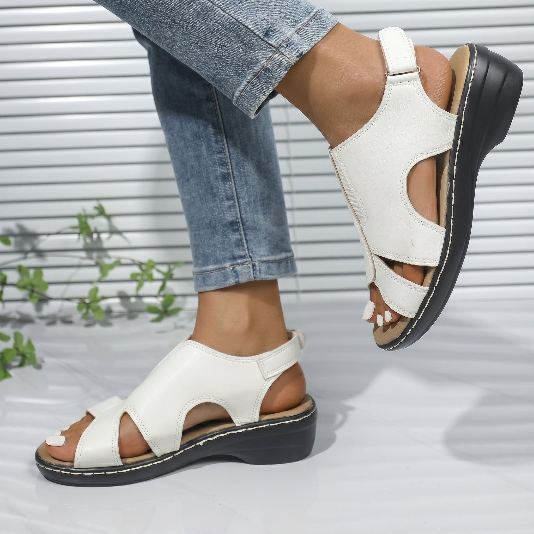 Louise - Women's Orthopedic Cut-Out Wedge Sandals - Sandals - White - Parker&Brooks