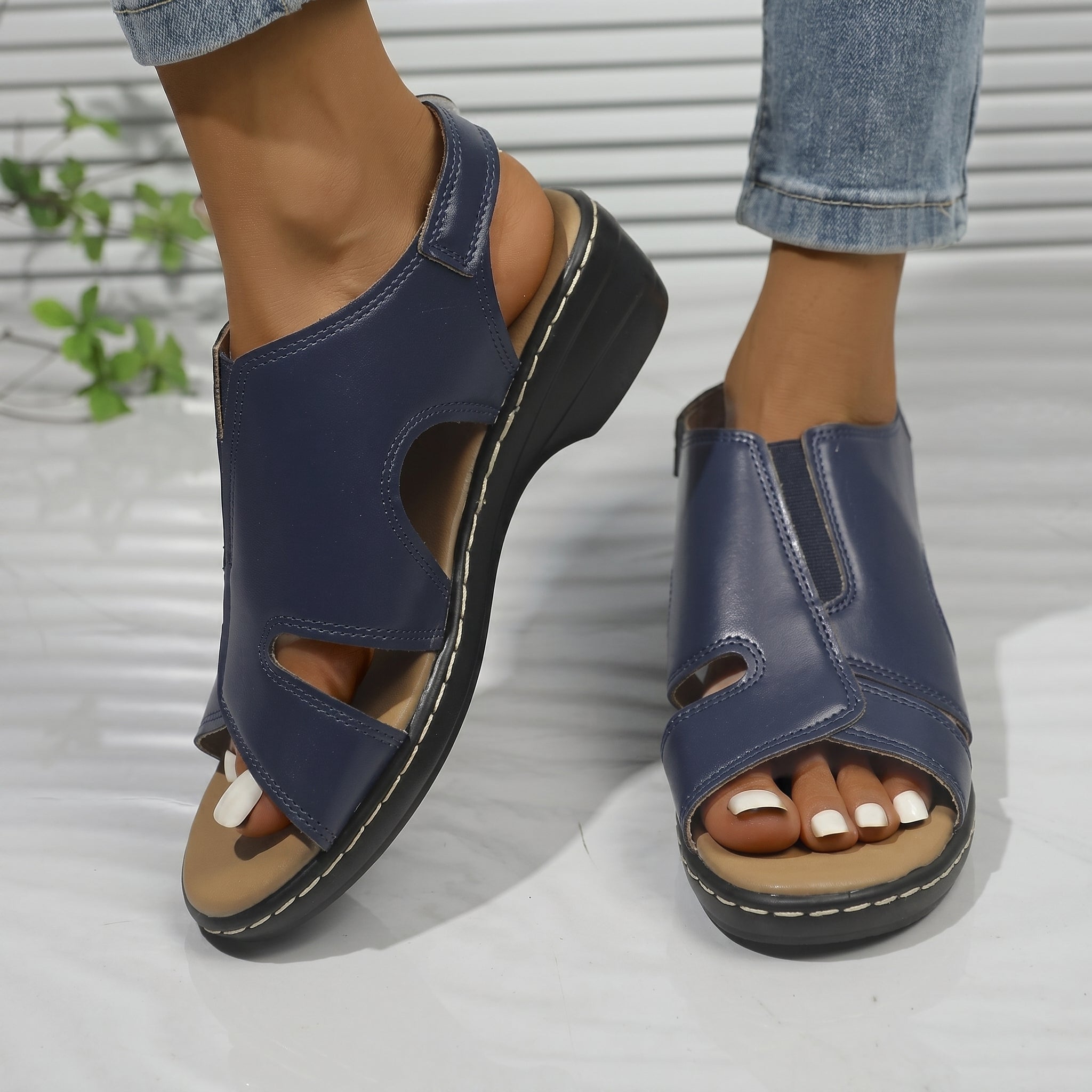 Louise - Women's Orthopedic Cut-Out Wedge Sandals - Sandals - Navy - Parker&Brooks