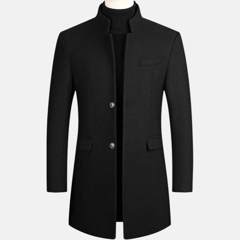 Men's Slim-Fit Overcoat with Stand Collar and Single Breasted Closure