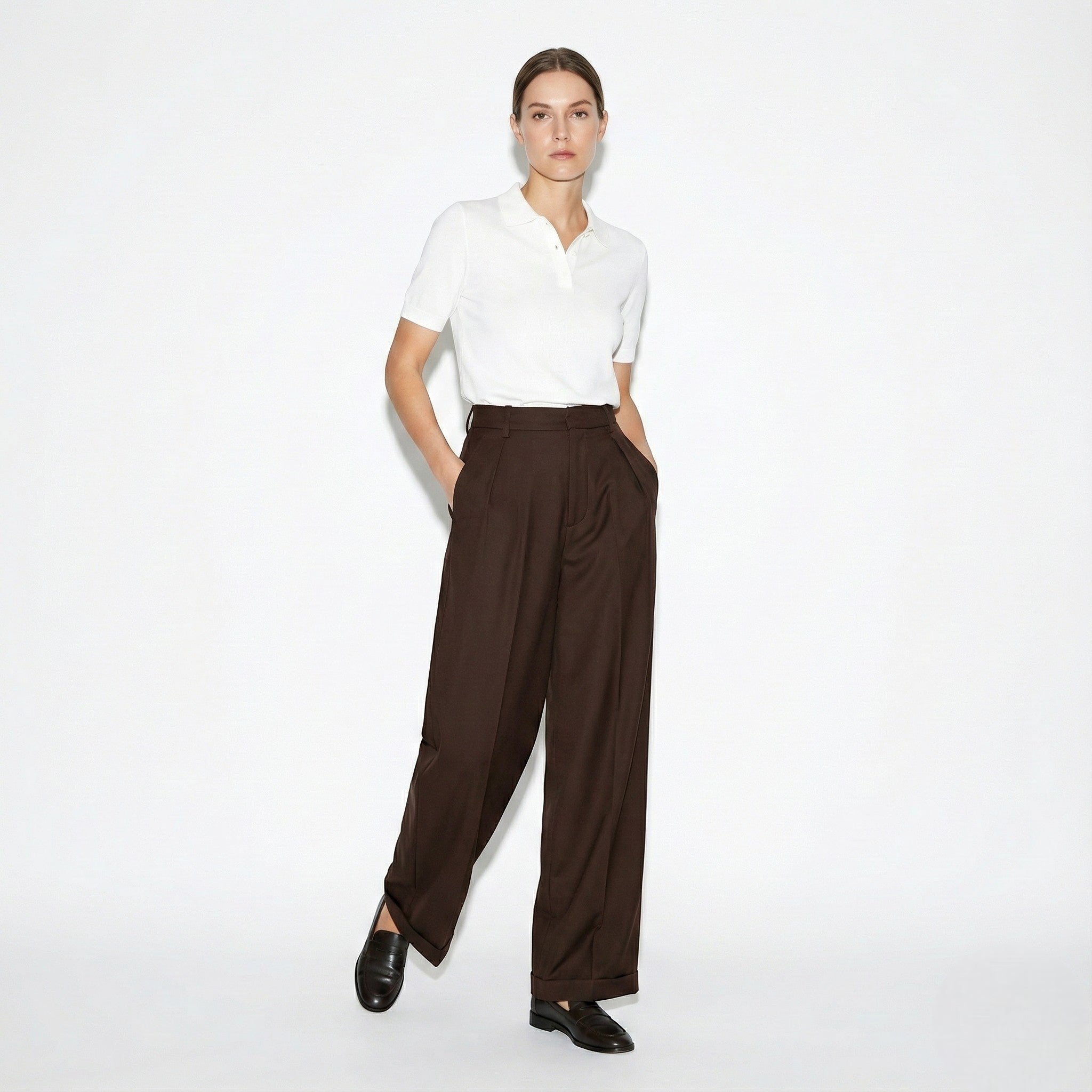 Maisie - Women's Classic Tailored High - Waist Wide - Leg Trousers - Pants - Coffee - Parker&Brooks