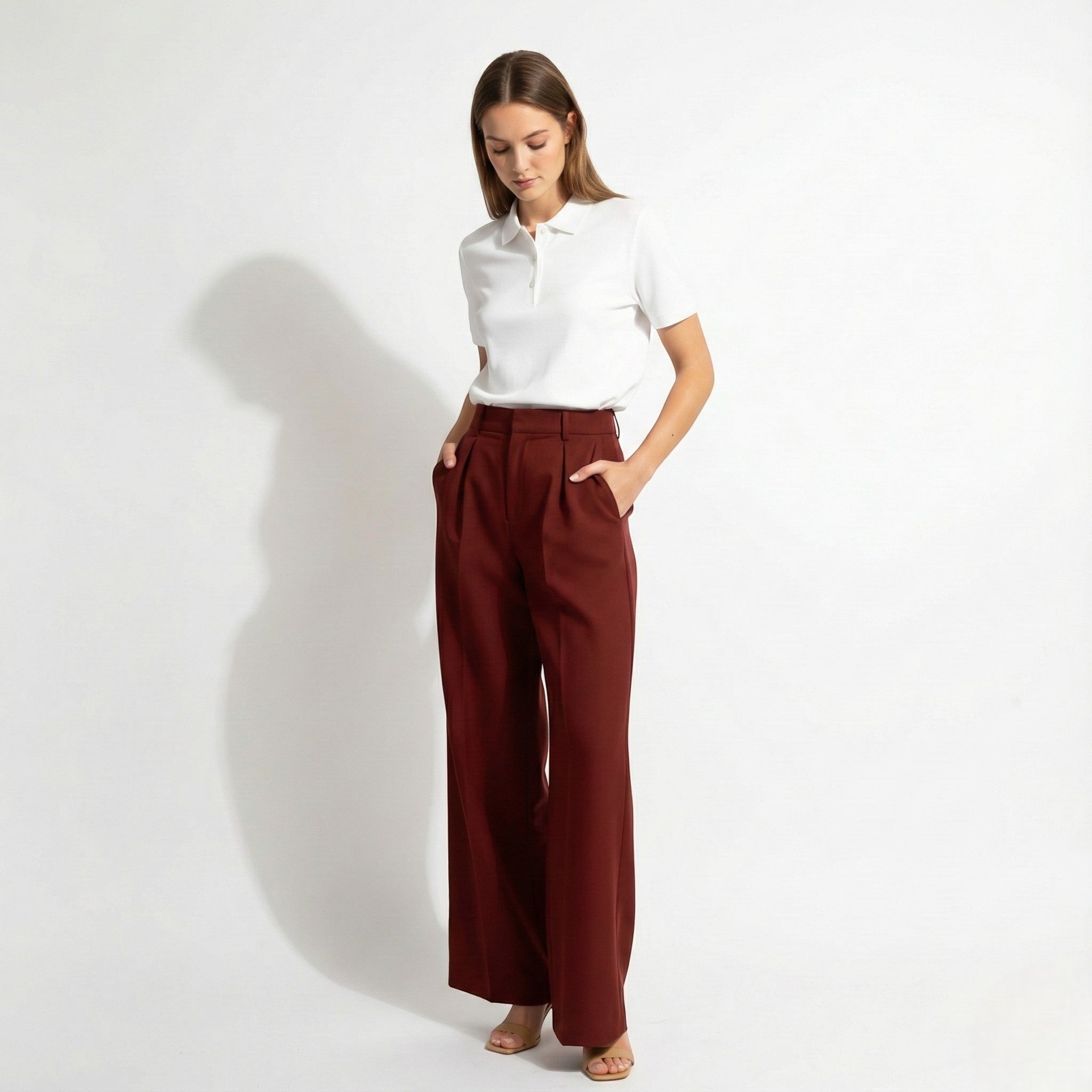 Maisie - Women's Classic Tailored High - Waist Wide - Leg Trousers - Pants - Burgundy - Parker&Brooks