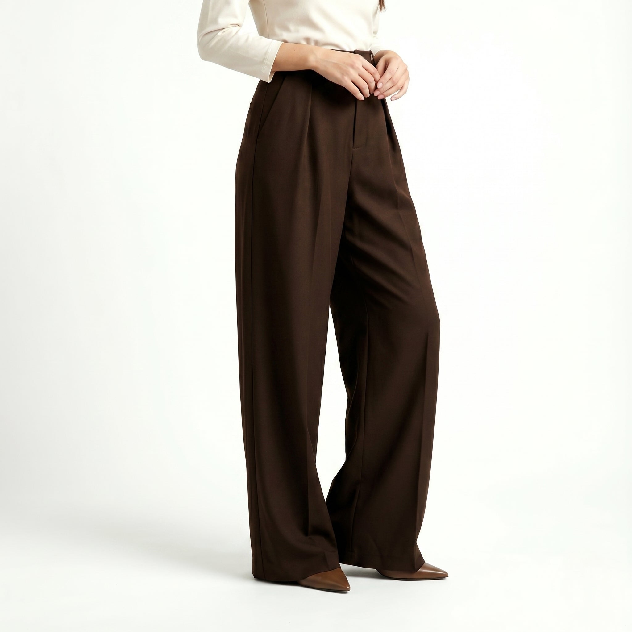 Maisie - Women's Classic Tailored High - Waist Wide - Leg Trousers - Pants - Coffee - Parker&Brooks