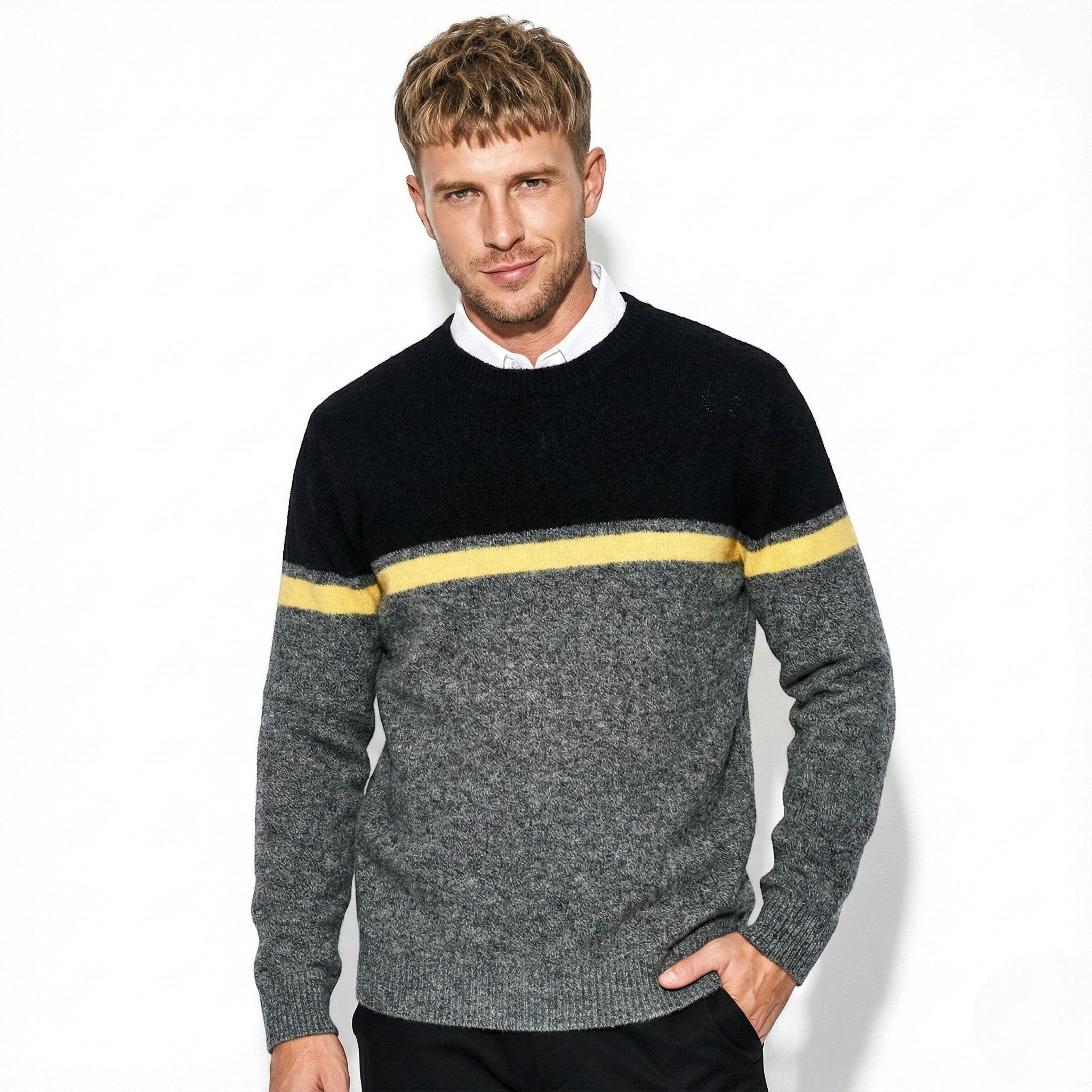 Men's Classic Knit Crewneck Sweater with Stripe Details
