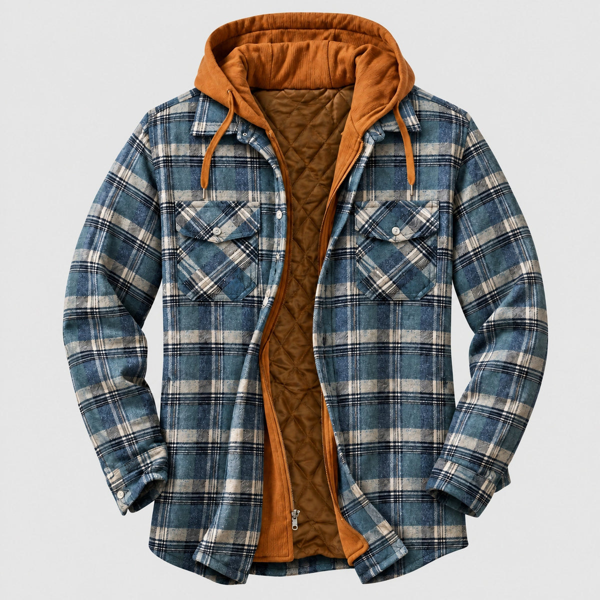 Marcus - Men's Hooded Quilted Check Jacket with Chest Pockets - Coats & Jackets - Blue - Parker&Brooks