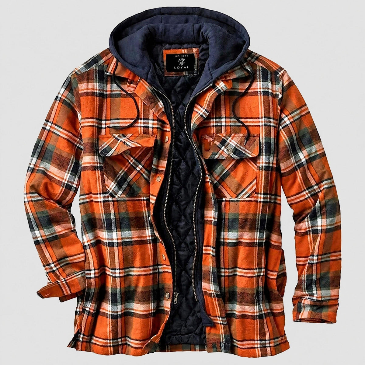 Marcus - Men's Hooded Quilted Check Jacket with Chest Pockets - Coats & Jackets - Orange - Parker&Brooks