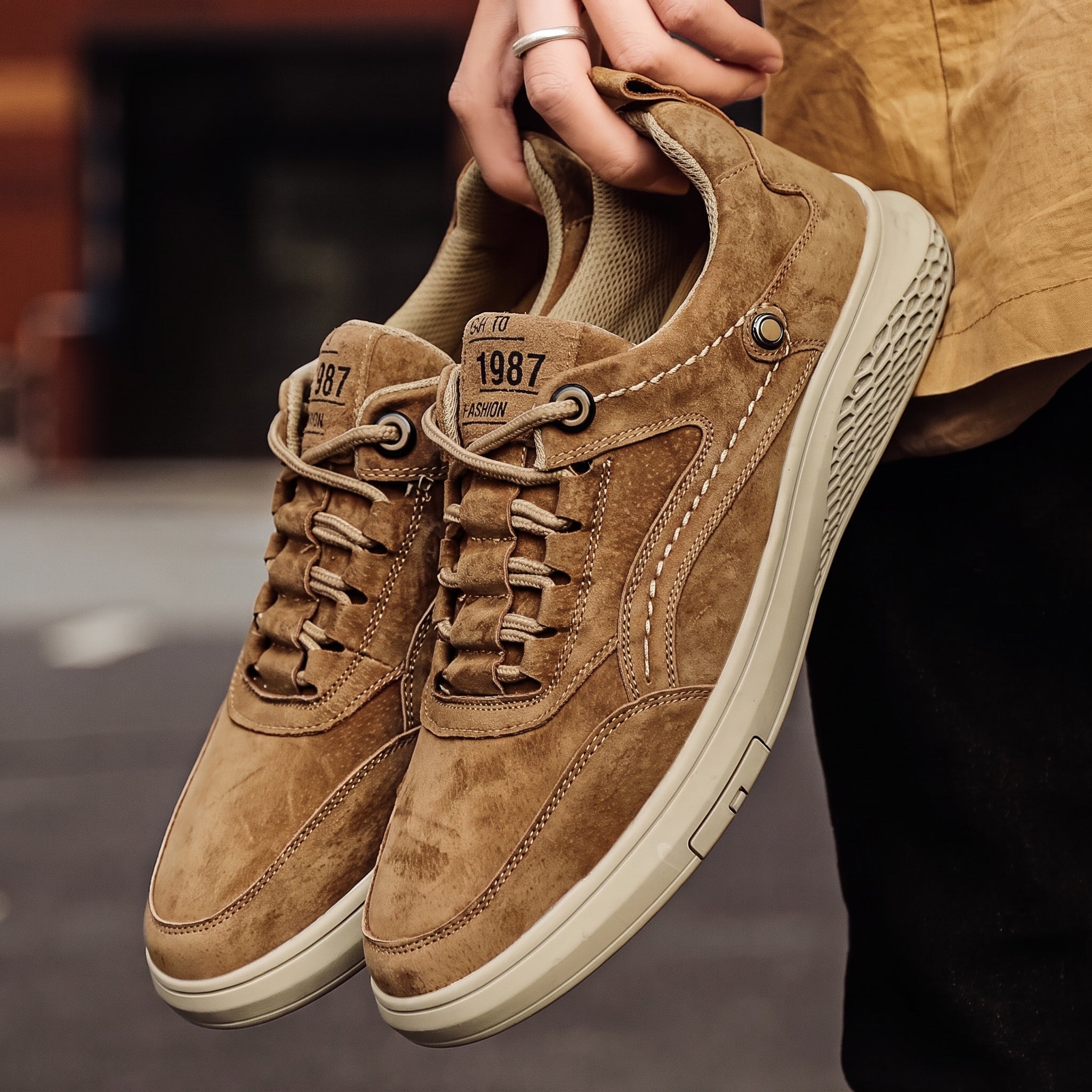 Marcus - Men's Low-Top Suede-Look Sneakers with Lace-Up Detail - Sneakers - Khaki - Parker&Brooks