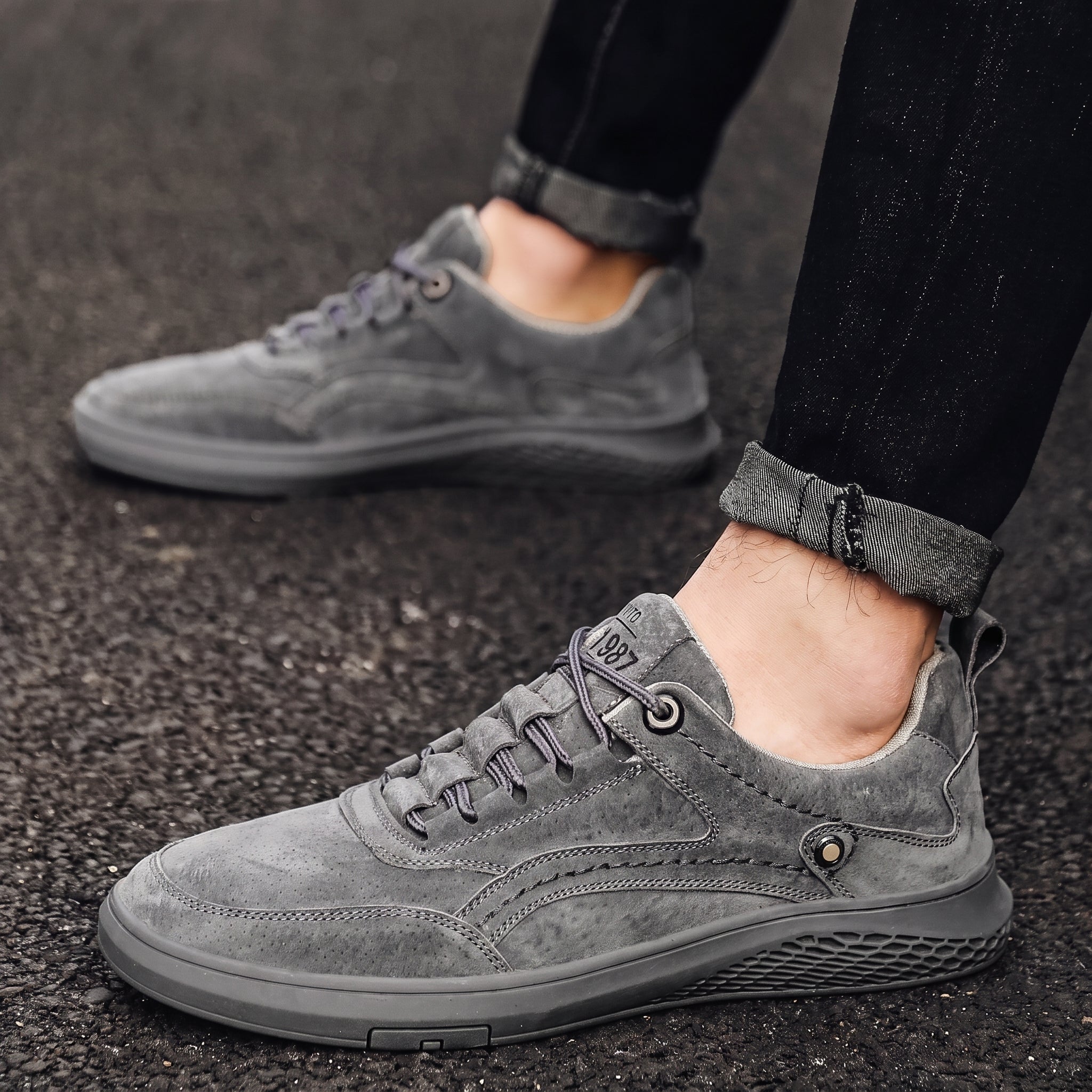 Marcus - Men's Low-Top Suede-Look Sneakers with Lace-Up Detail - Sneakers - Gray - Parker&Brooks