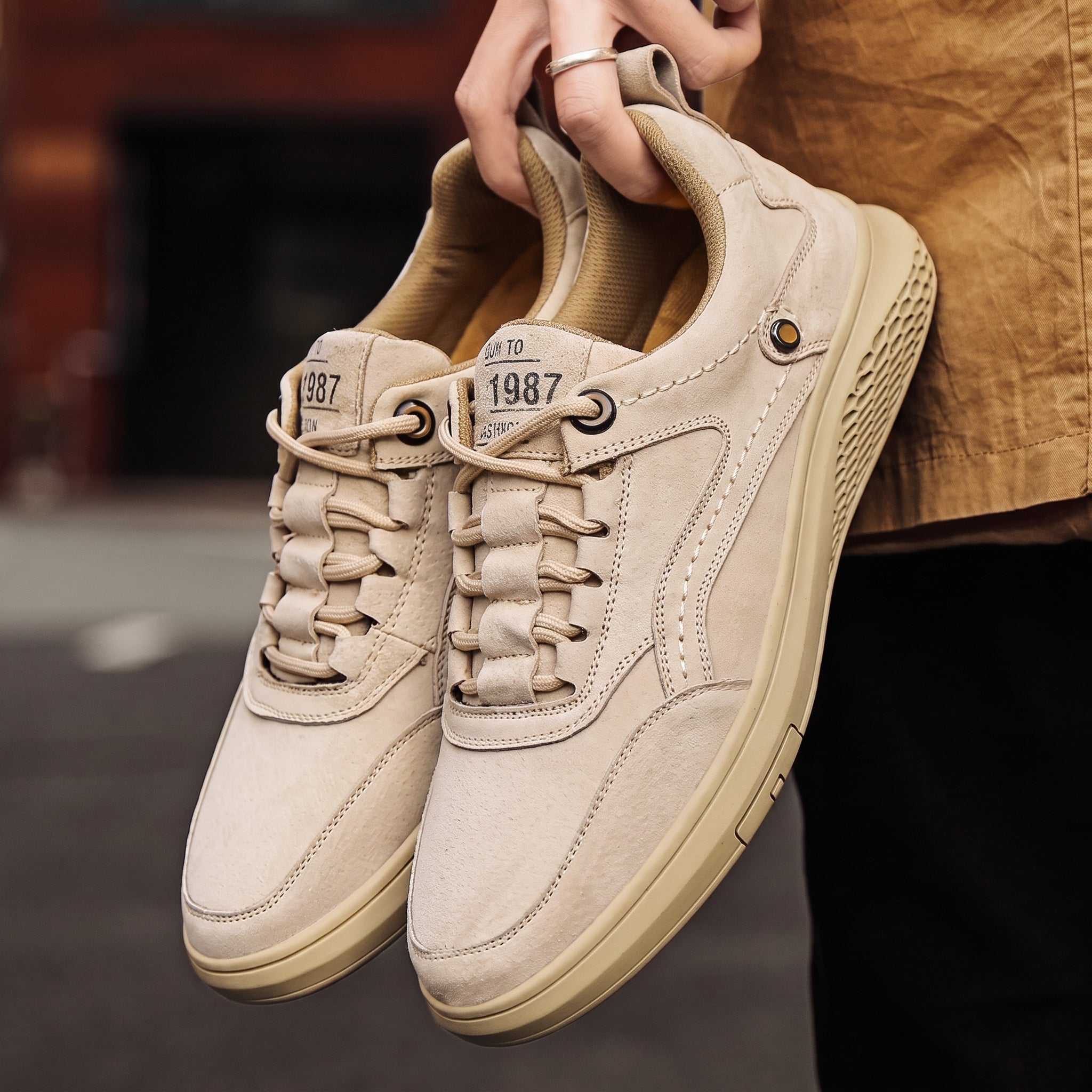 Marcus - Men's Low-Top Suede-Look Sneakers with Lace-Up Detail - Sneakers - Beige - Parker&Brooks