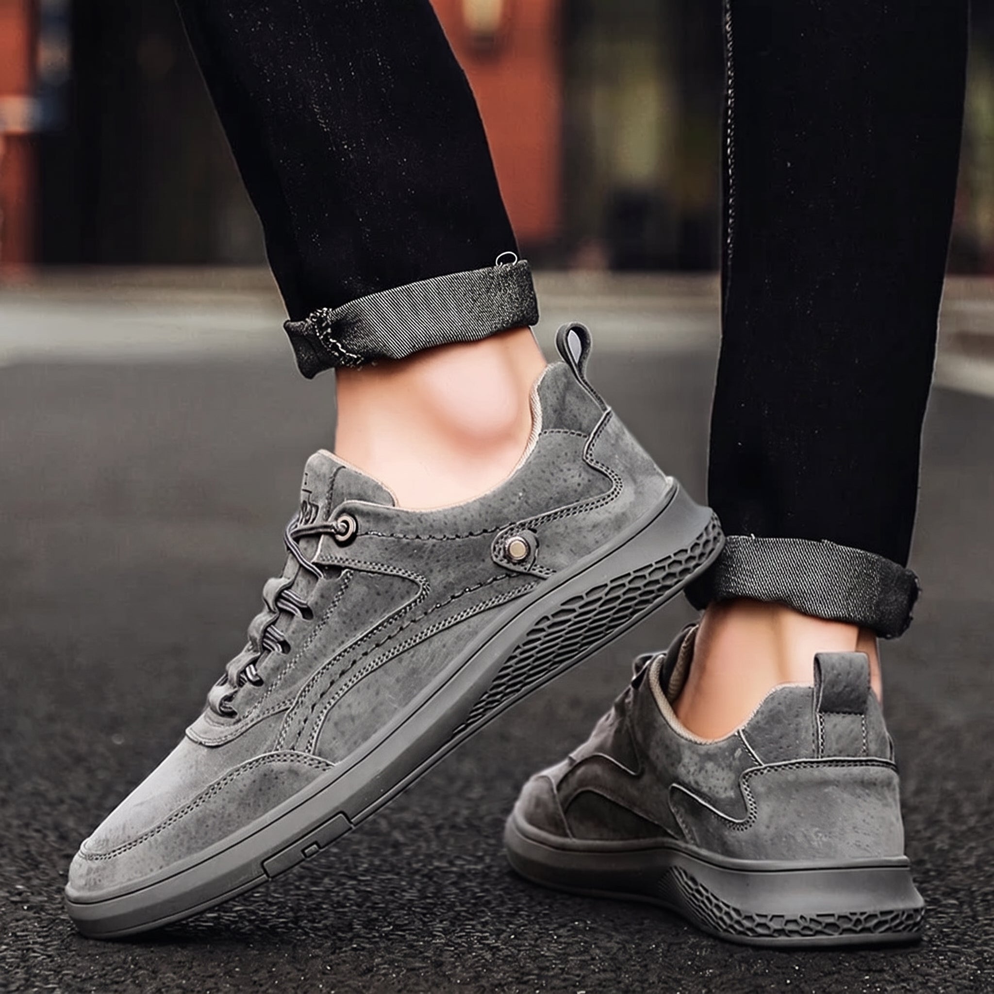 Marcus - Men's Low-Top Suede-Look Sneakers with Lace-Up Detail - Sneakers - Gray - Parker&Brooks
