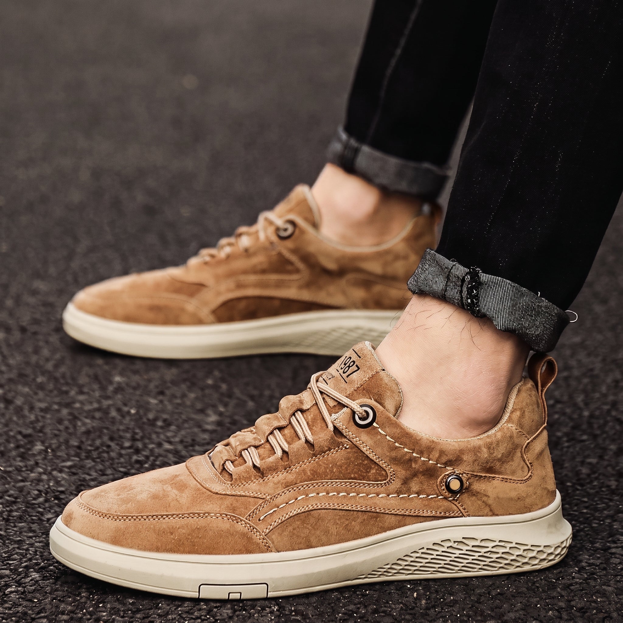 Marcus - Men's Low-Top Suede-Look Sneakers with Lace-Up Detail - Sneakers - Khaki - Parker&Brooks
