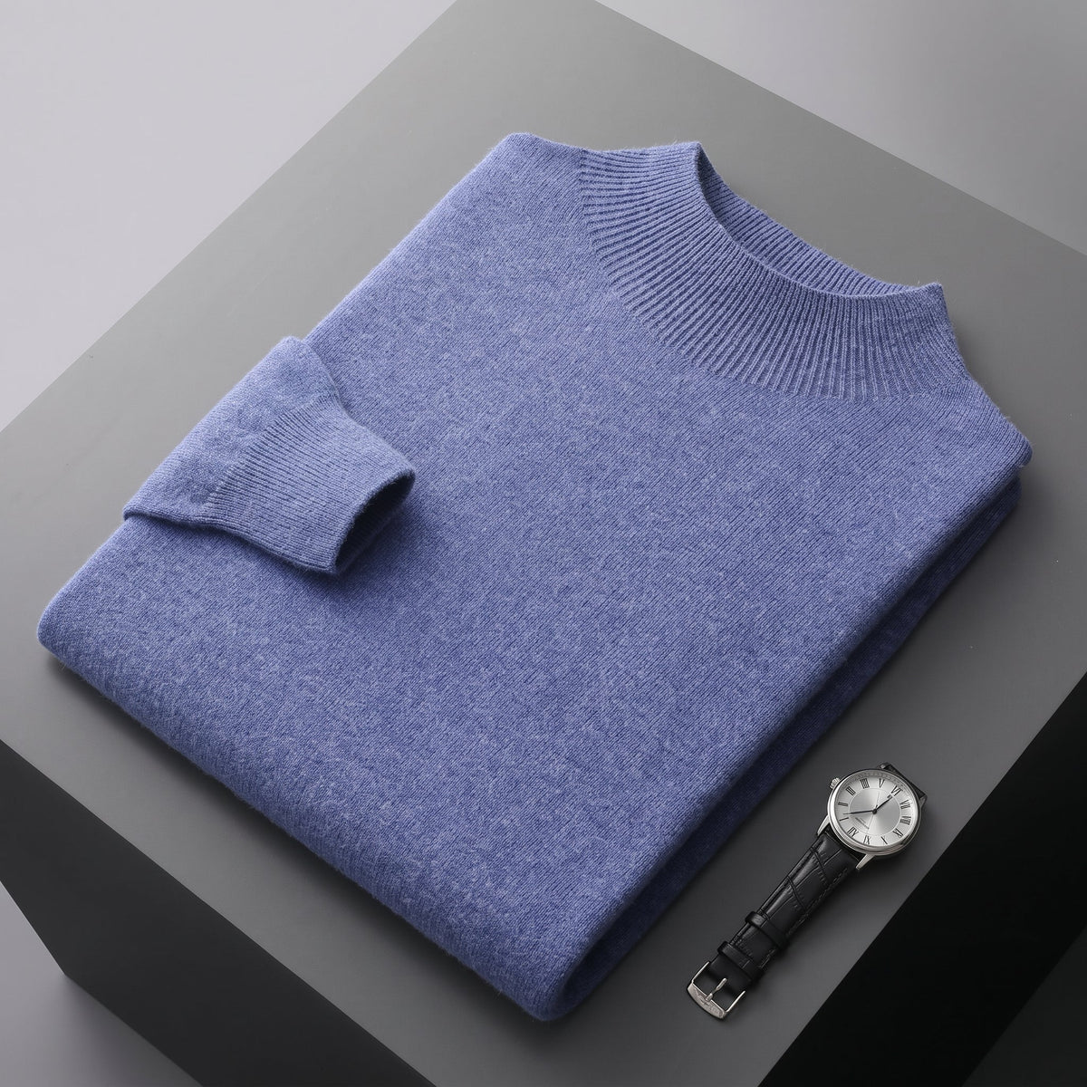 Marcus - Men's Mock Neck Wool Sweater with Ribbed Cuffs - Sweaters - Blue - Parker&Brooks