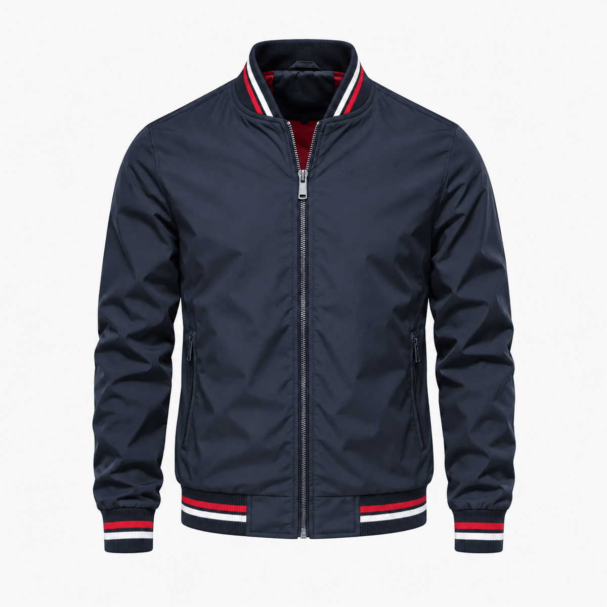 Marcus - Men's Stand Collar Zip-Up Bomber Jacket with Contrast Lining - Bomber Jackets - Navy - Parker&Brooks
