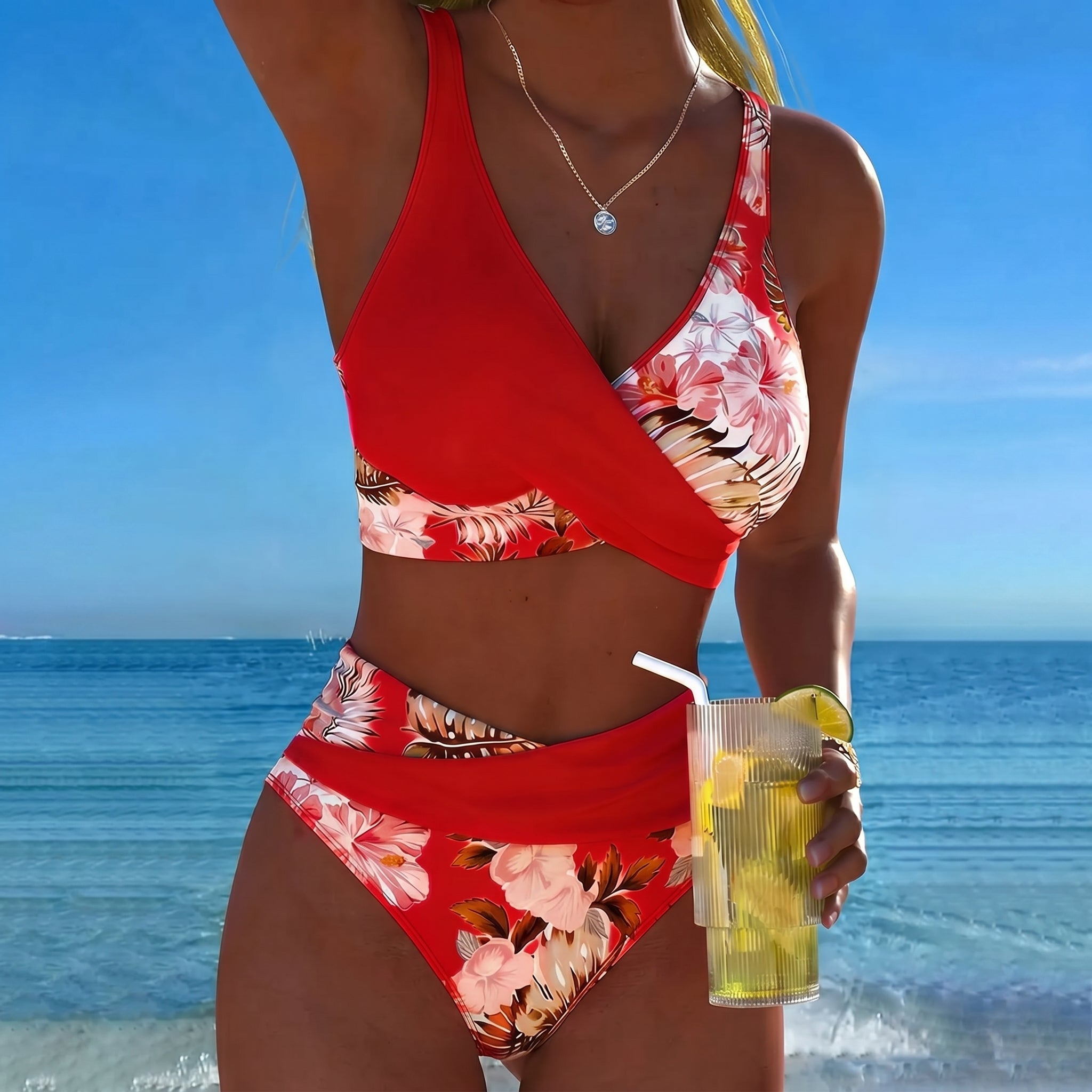 Maya - Women's High-Waisted Two-Piece Bikini Set - Split Bikini - Red - Parker&Brooks