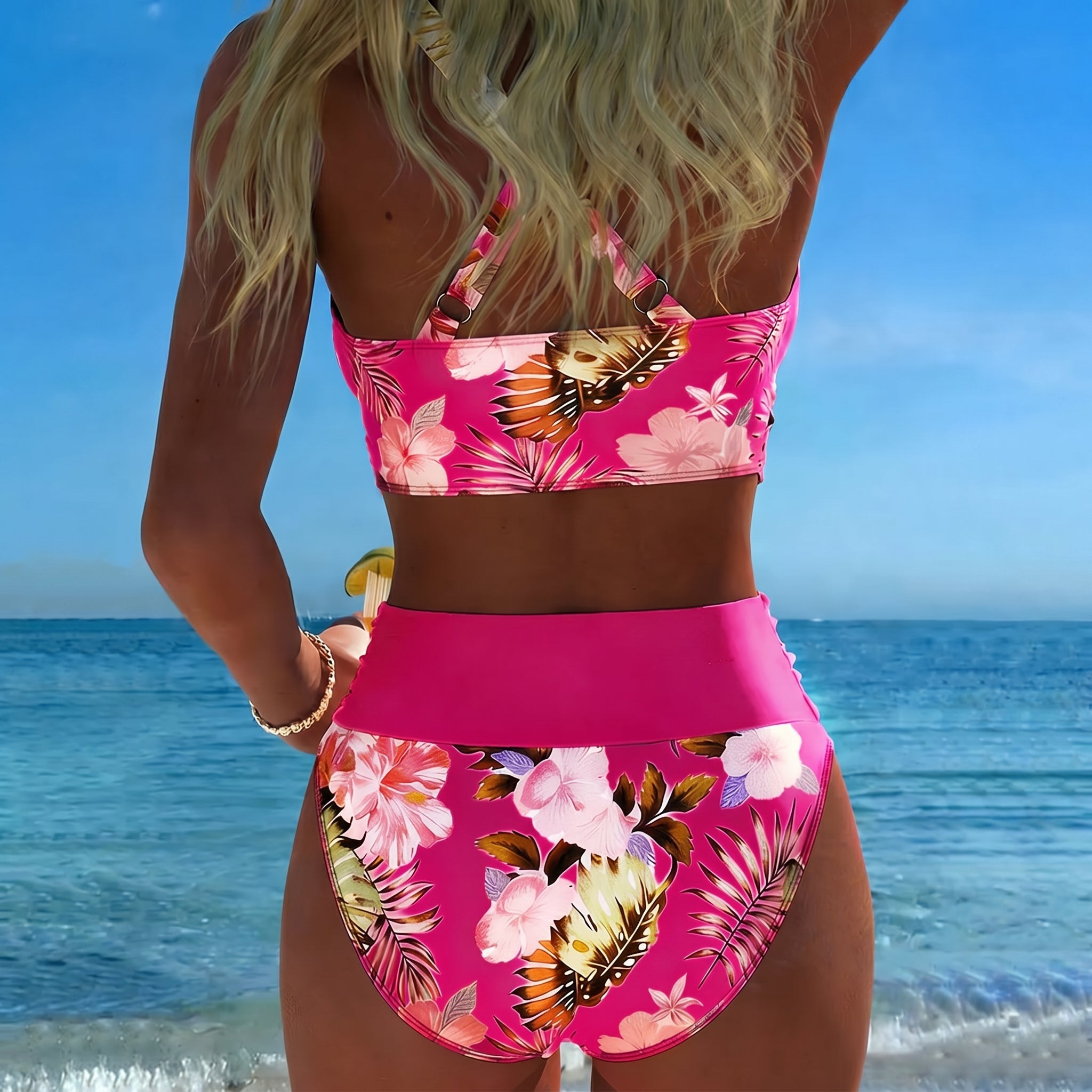 Maya - Women's High-Waisted Two-Piece Bikini Set - Split Bikini - Dark Red - Parker&Brooks