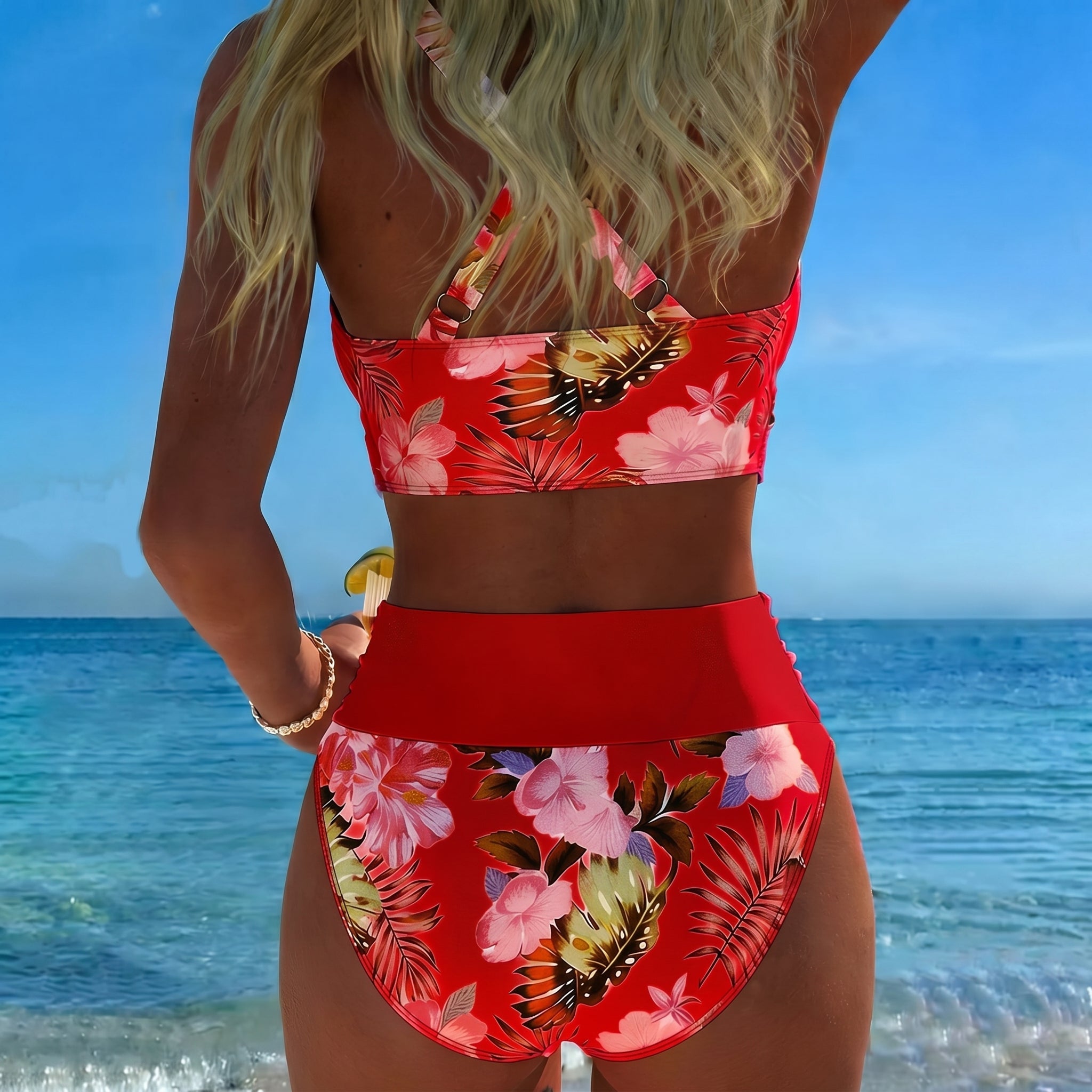 Maya - Women's High-Waisted Two-Piece Bikini Set - Split Bikini - Red - Parker&Brooks