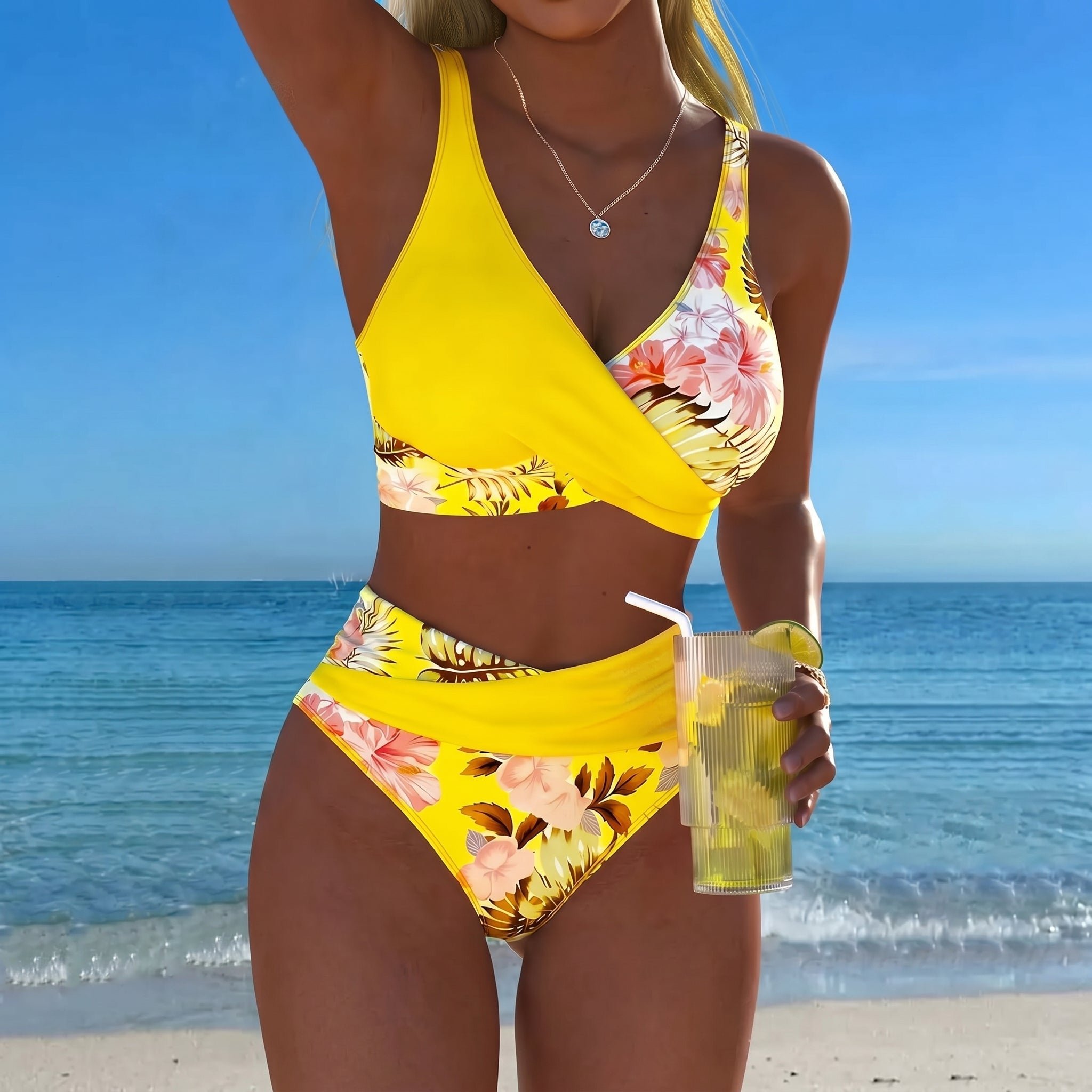 Maya - Women's High-Waisted Two-Piece Bikini Set - Split Bikini - Yellow - Parker&Brooks