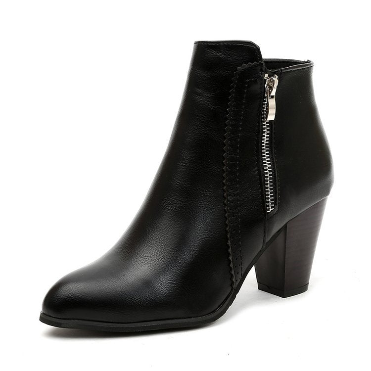 Women's Leather Ankle Boots with Side Zipper and Block Heel