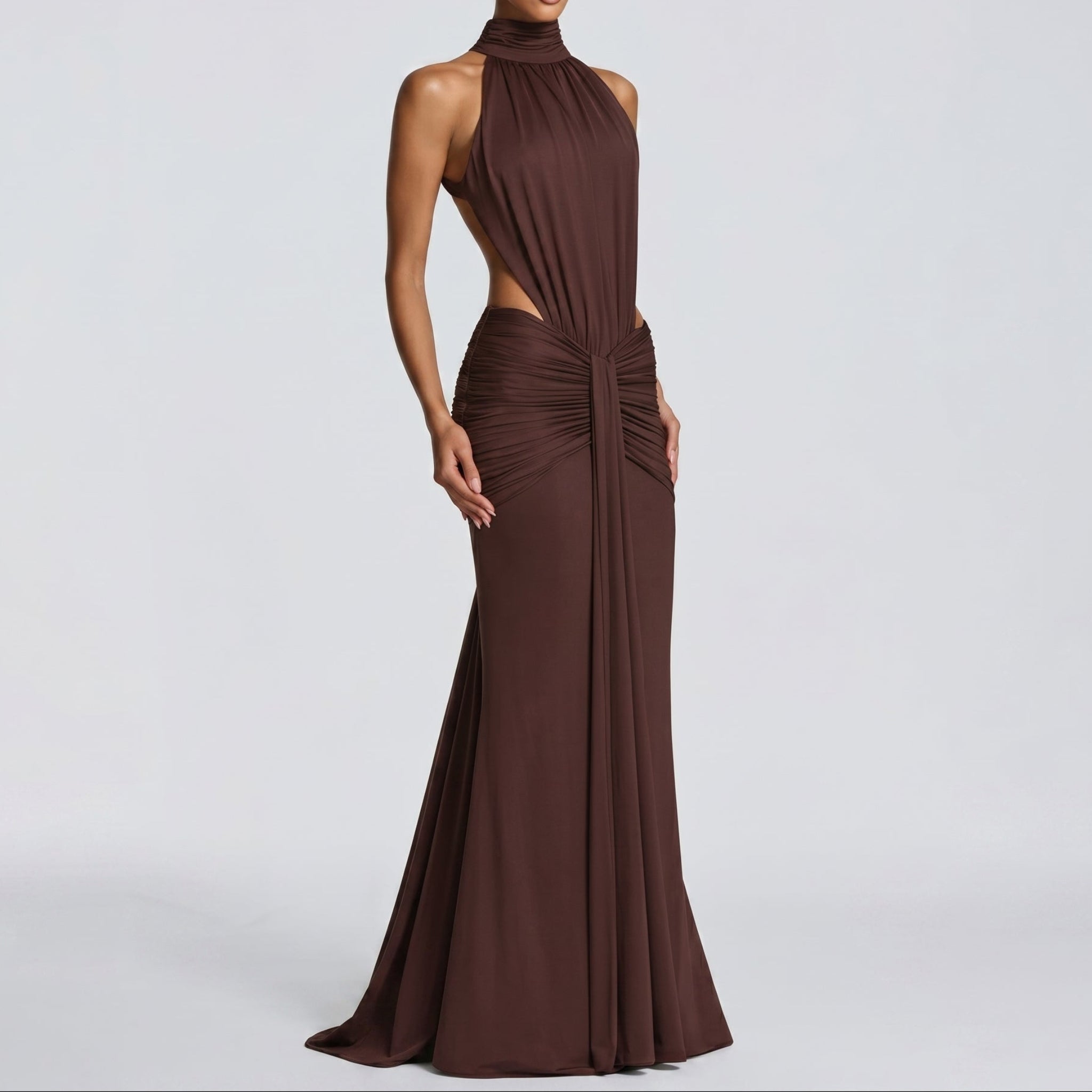 Naomi - Women's Evening Halterneck Bodycon Maxi Dress - Maxi Dress - Brown - Parker&Brooks