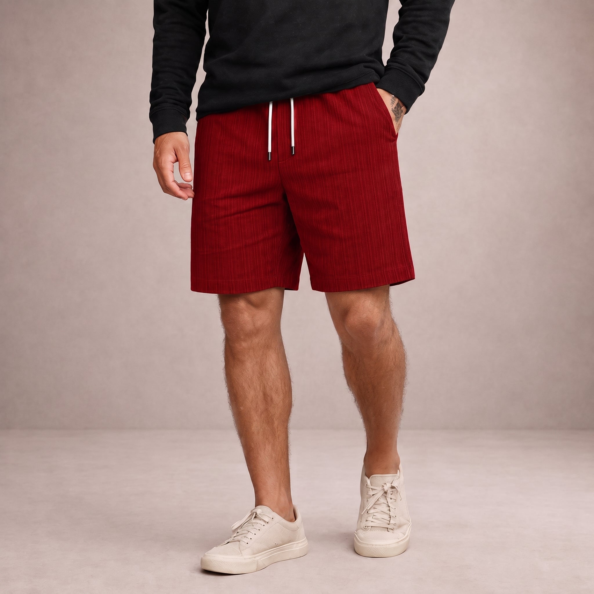 Nathan - Men's Summer Striped Drawstring Shorts - Jogger Shorts - Red - Parker&Brooks