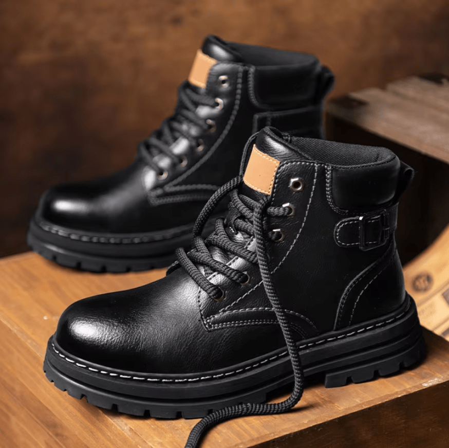 Men's Leather Combat Boots with Chunky Lug Sole and Ankle Buckle Detail