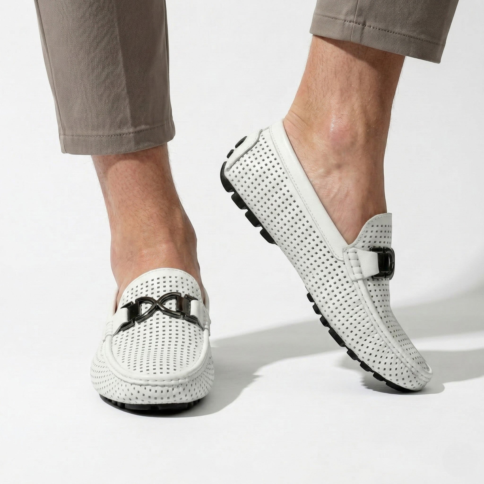Oliver - Men's Breathable Buckle Loafer - Shoes - White - Parker&Brooks