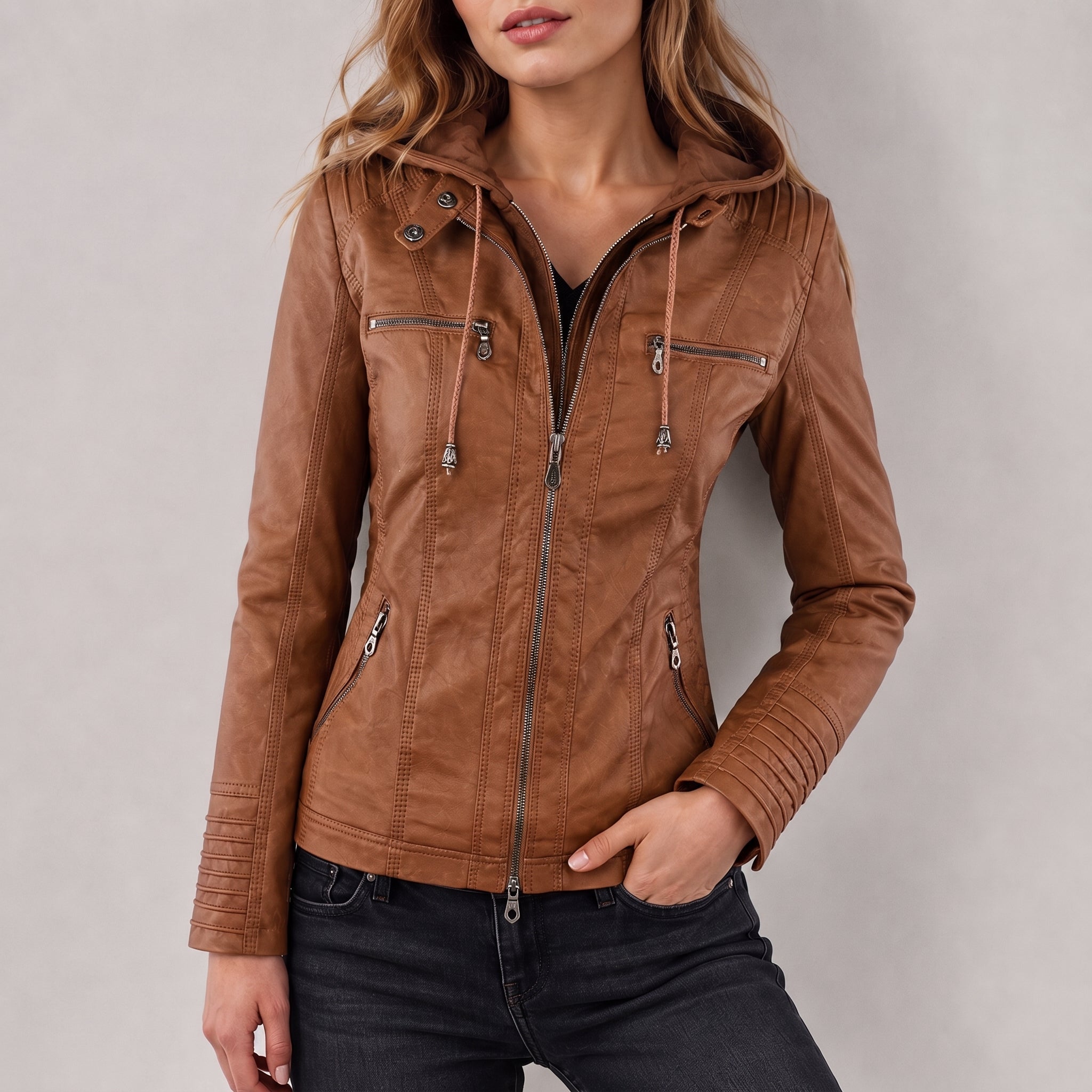 Olivia - Women's Drawstring Hood Full Zip Multi-Pocket Jacket - Jackets - Brown - Parker&Brooks