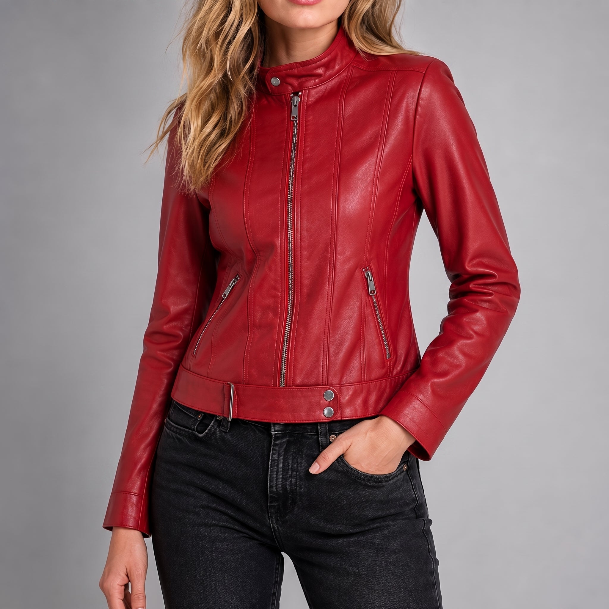 Olivia - Women's Fitted Band Collar Full Zip Panel Jacket - Jackets - Red - Parker&Brooks