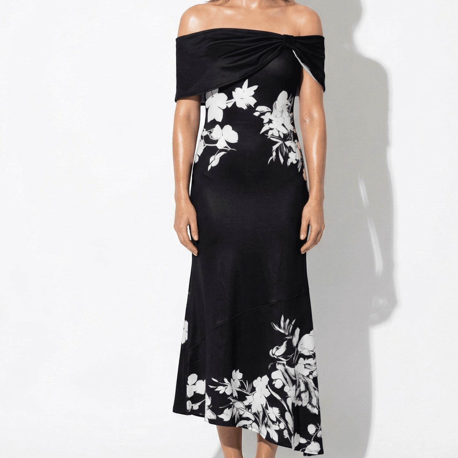 Olivia - Women's Floral Off - Shoulder Midi Dress - Midi Dress - Black - Parker&Brooks