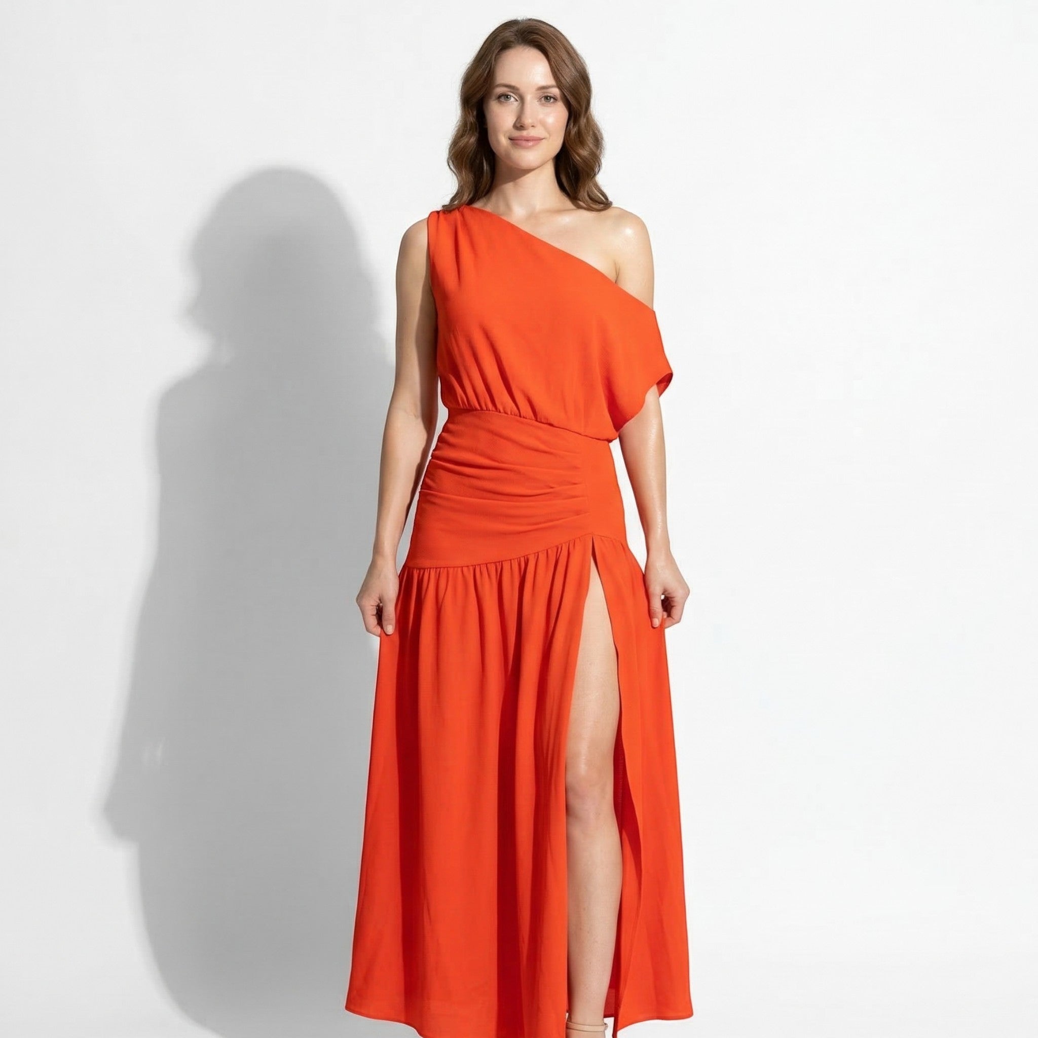Olivia - Women's Evening Asymmetric Maxi Dress with High Slit - Maxi Dresses - Orange - Parker&Brooks