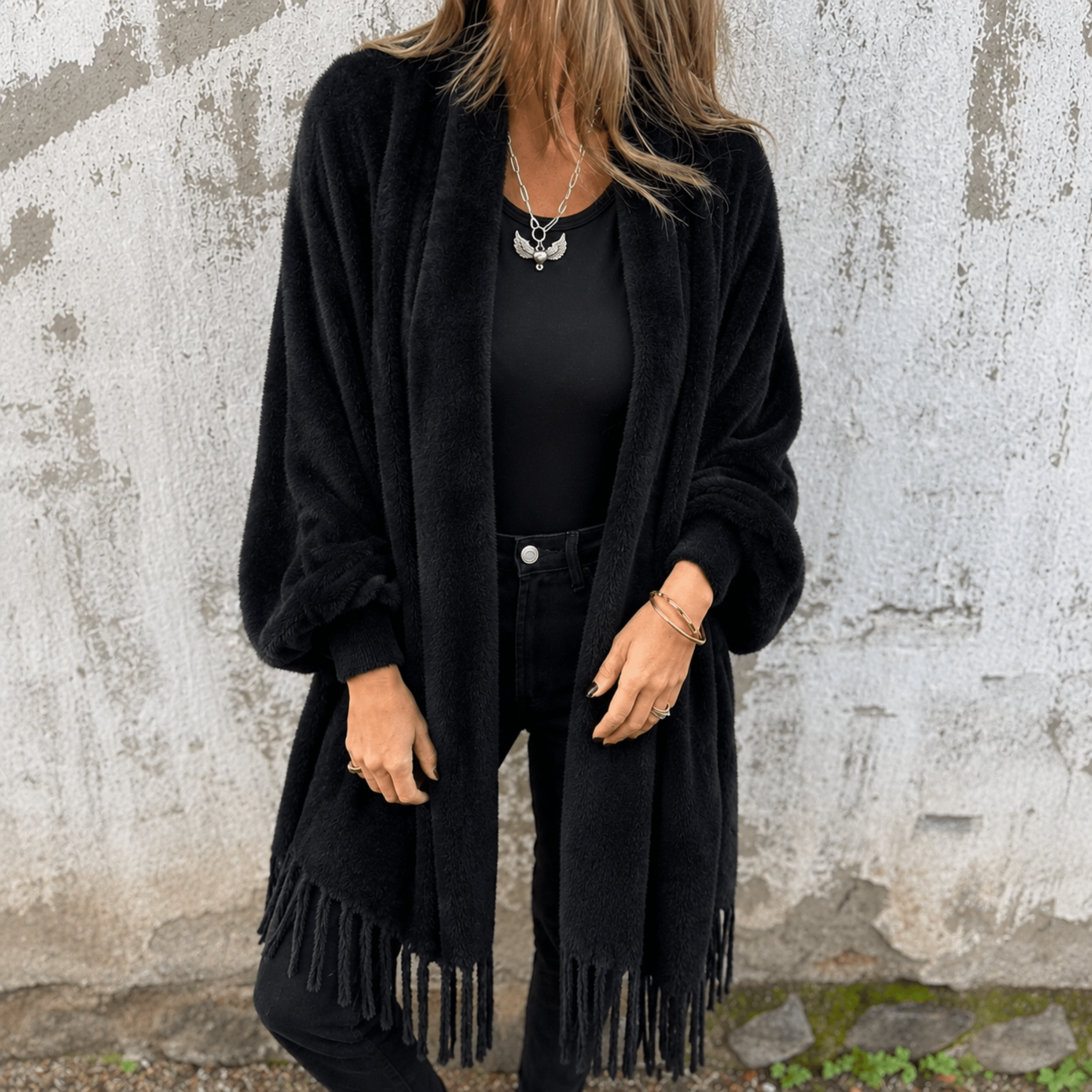 Olivia - Women's Oversized Open Front Wrap Cardigan - Cardigans - Black - Parker&Brooks