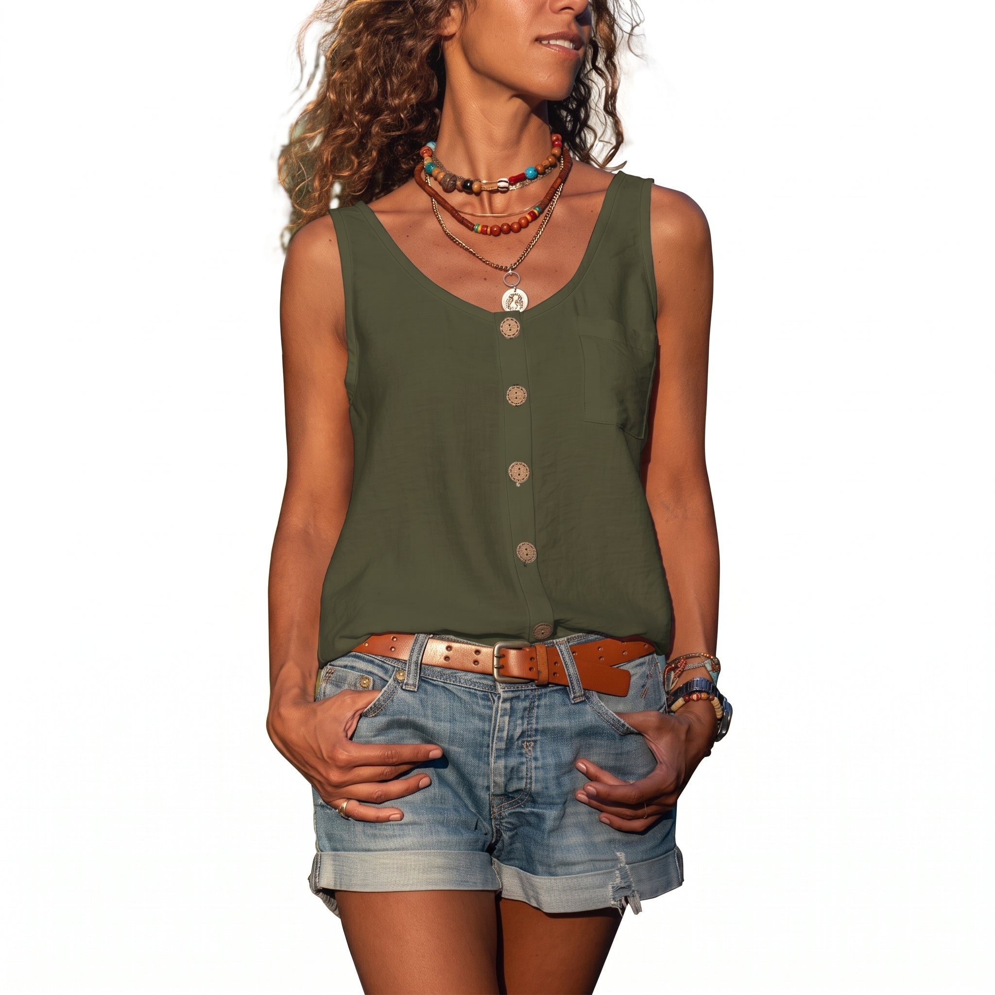 Olivia – Women's Summer Relaxed Fit Button-Down Vest Top - Blouses - Green - Parker&Brooks