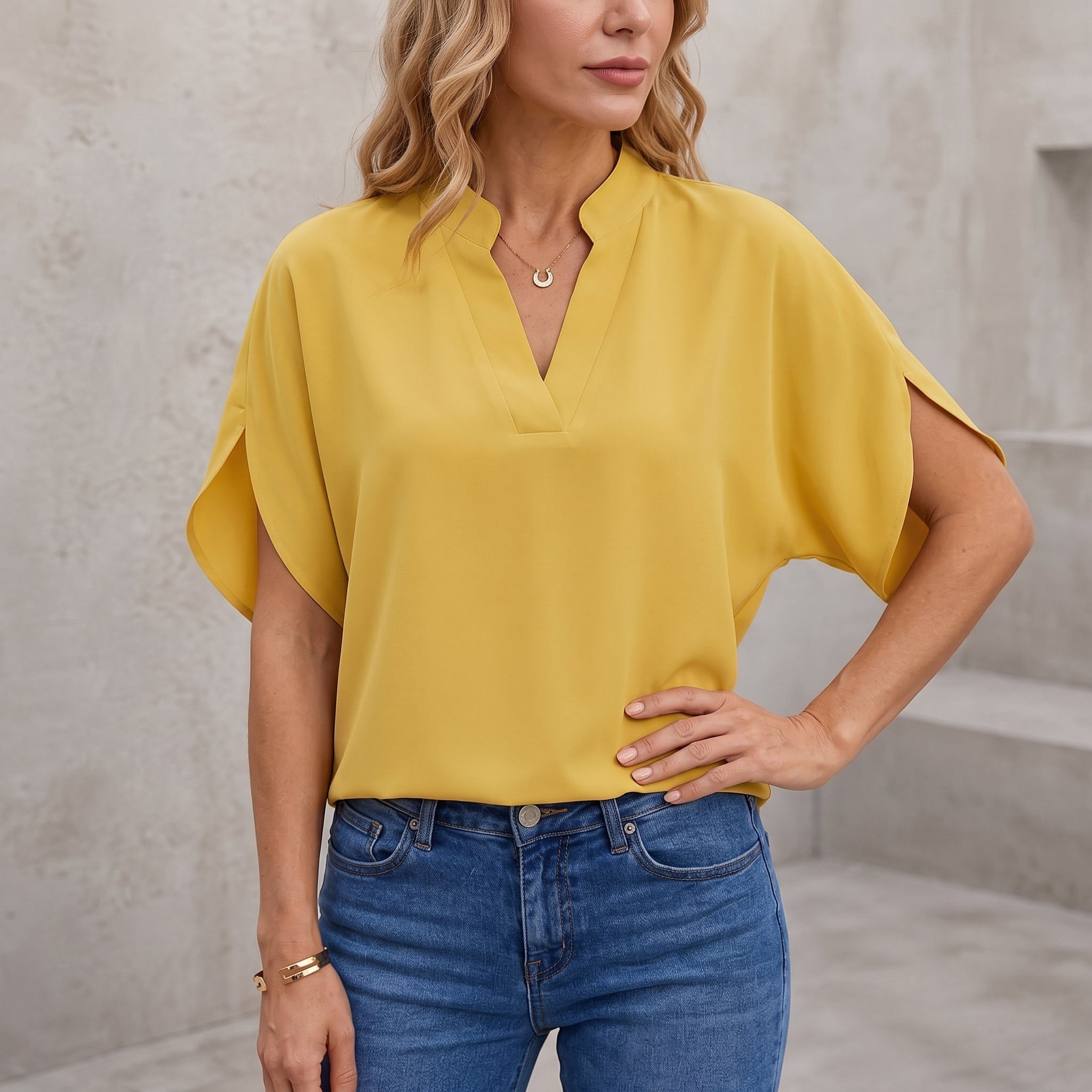 Olivia - Women's Summer Short Batwing Sleeve Relaxed Blouse - Blouses - Yellow - Parker&Brooks