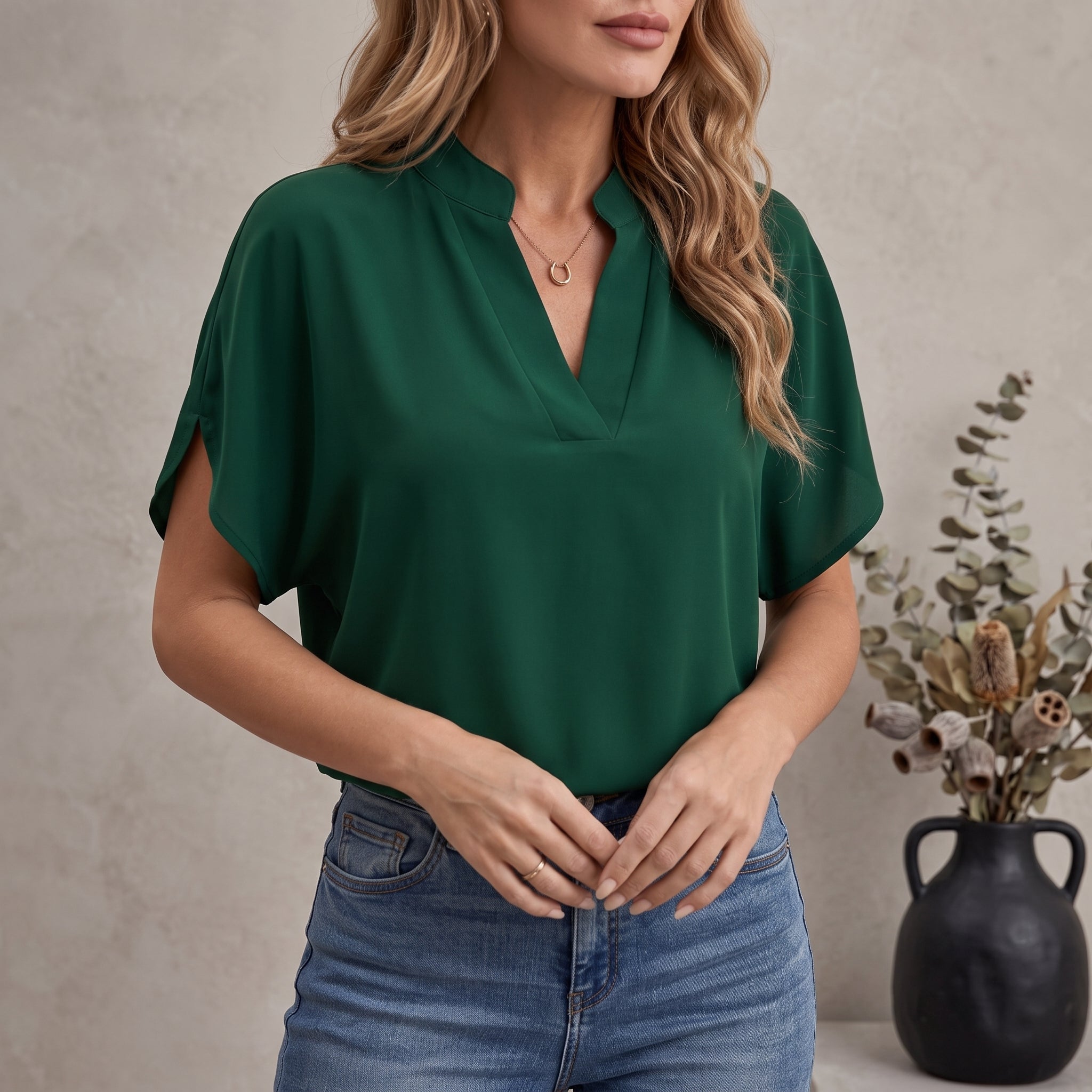 Olivia - Women's Summer Short Batwing Sleeve Relaxed Blouse - Blouses - Green - Parker&Brooks