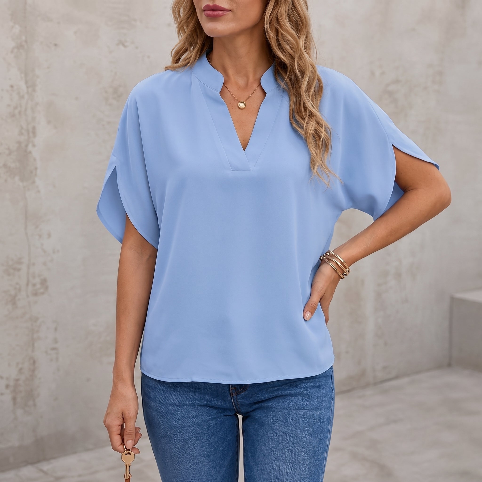 Olivia - Women's Summer Short Batwing Sleeve Relaxed Blouse - Blouses - Blue - Parker&Brooks