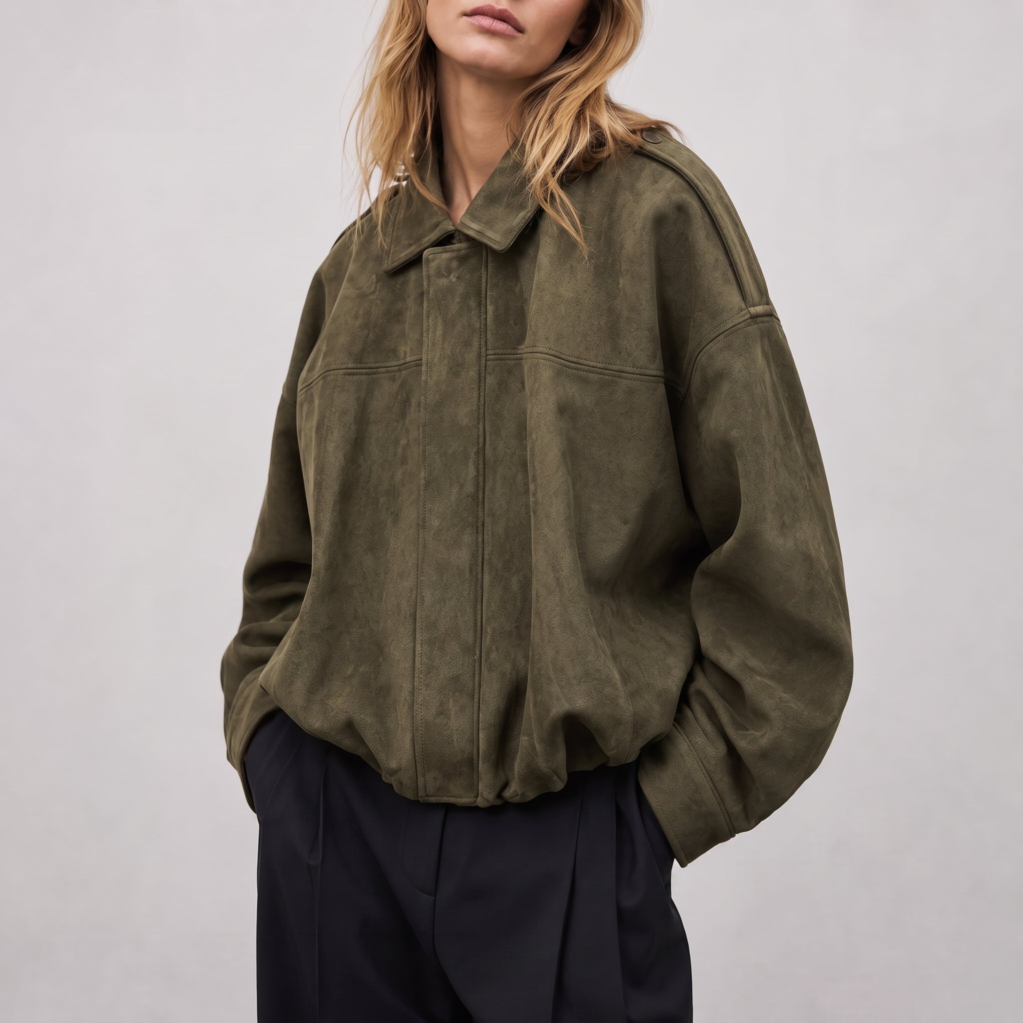 Olivia - Women's Vintage Dropped Shoulder Suede Bomber Jacket - Bomber Jackets - Olive Green - Parker&Brooks