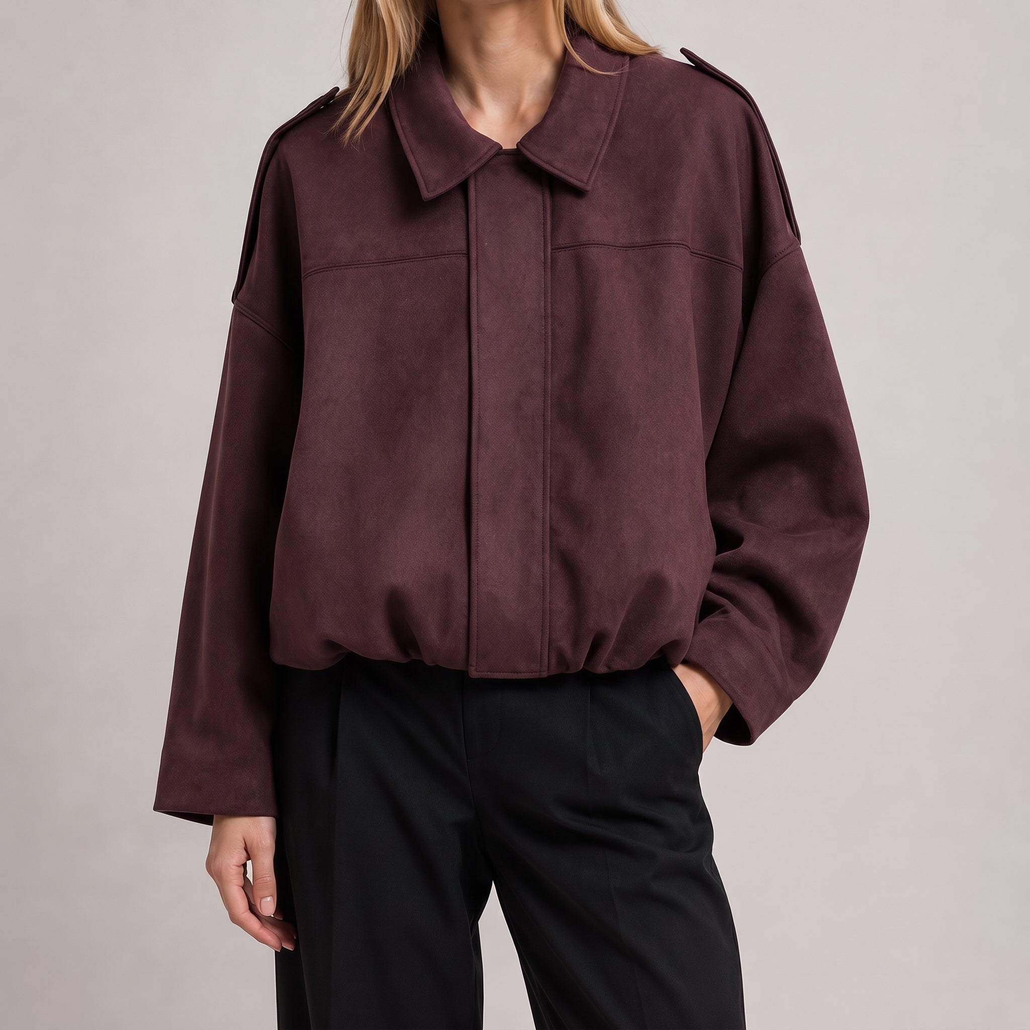 Olivia - Women's Vintage Dropped Shoulder Suede Bomber Jacket - Bomber Jackets - Burgundy - Parker&Brooks