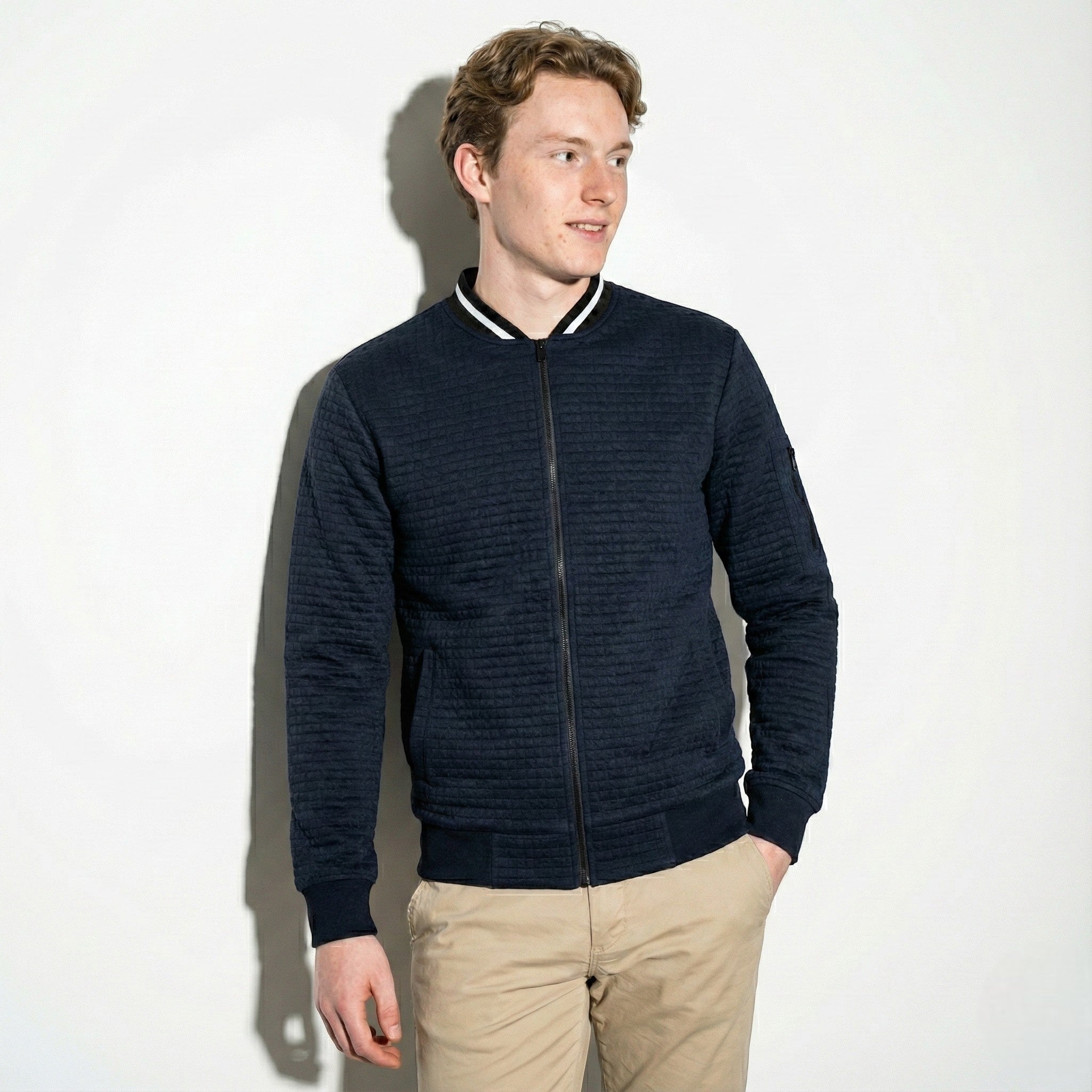 Men's Texture Jacket with Full Zip and Contrast Collar