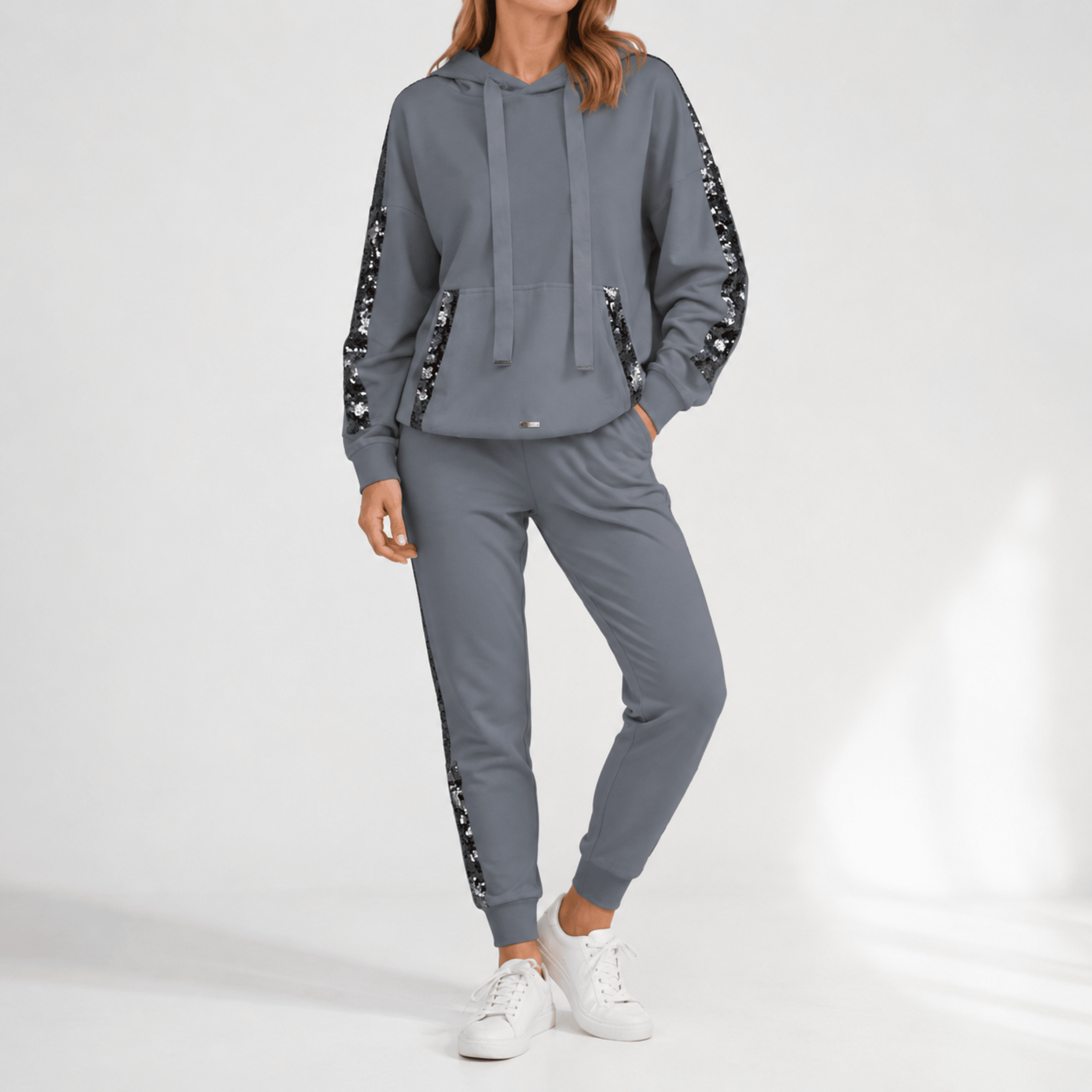 Phoebe - Women's Contrast Side Stripe Hoodie and Jogger Co-ord - Outfit Sets - Gray - Parker&Brooks