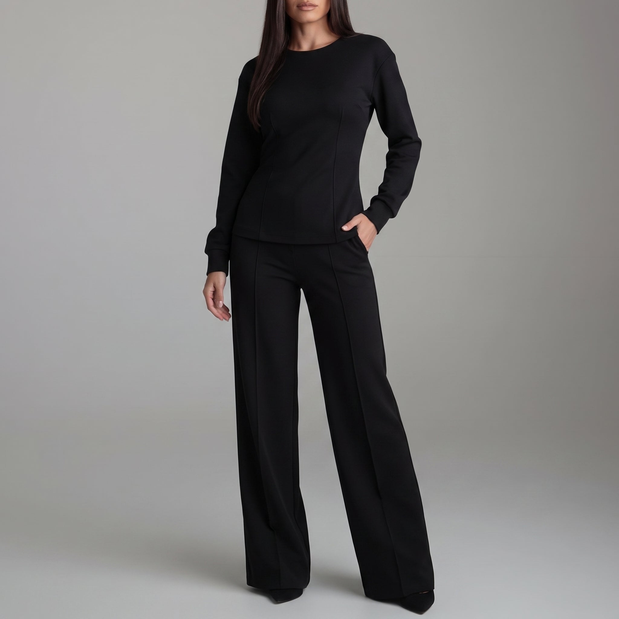 Phoebe - Women's Long Sleeve Wide-Leg Trouser Co-ord Set - Outfit Sets - Black - Parker&Brooks