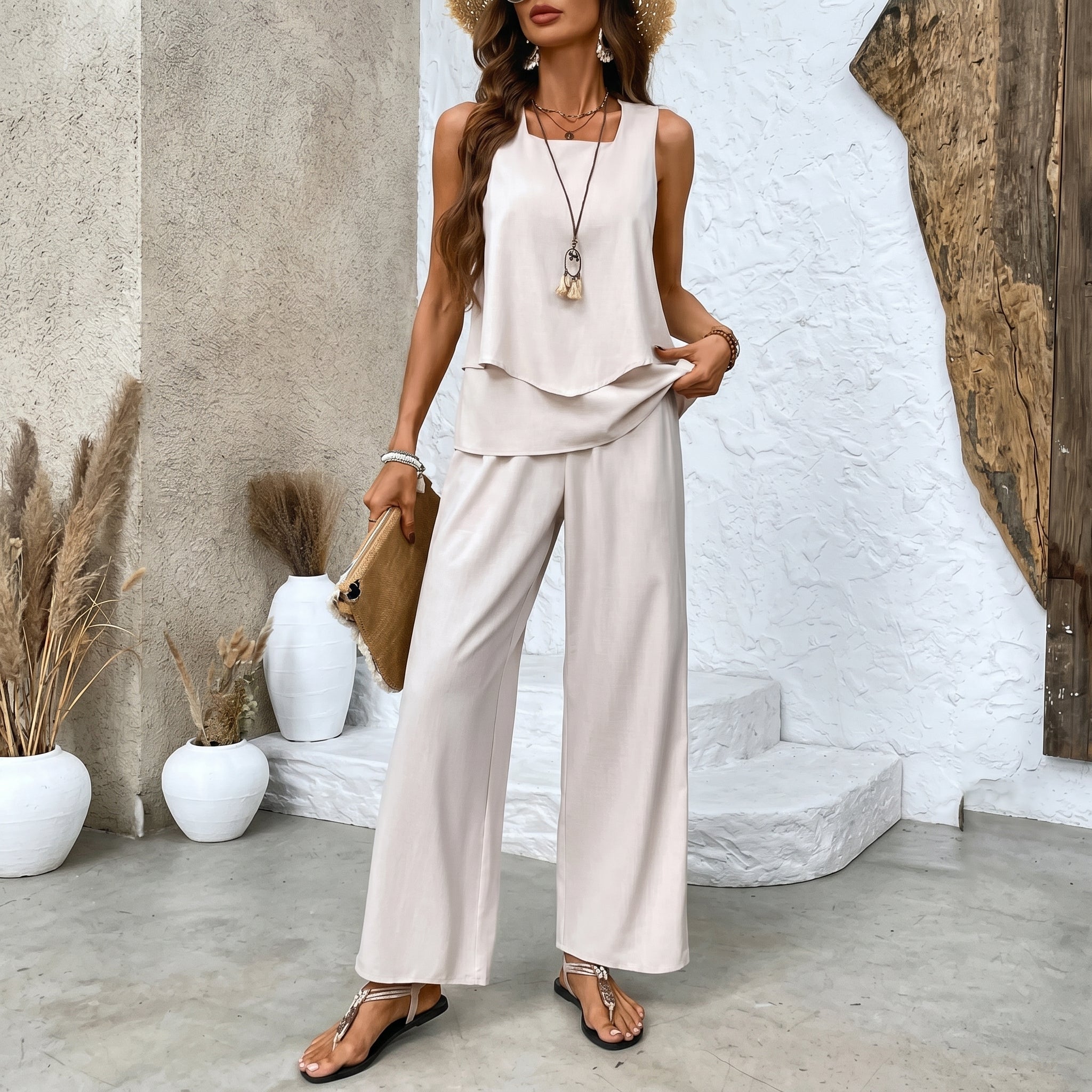 Phoebe - Women's Relaxed Wide - Leg Sleeveless Vest Co - ord Set - 2 Piece Set - Cream - Parker&Brooks