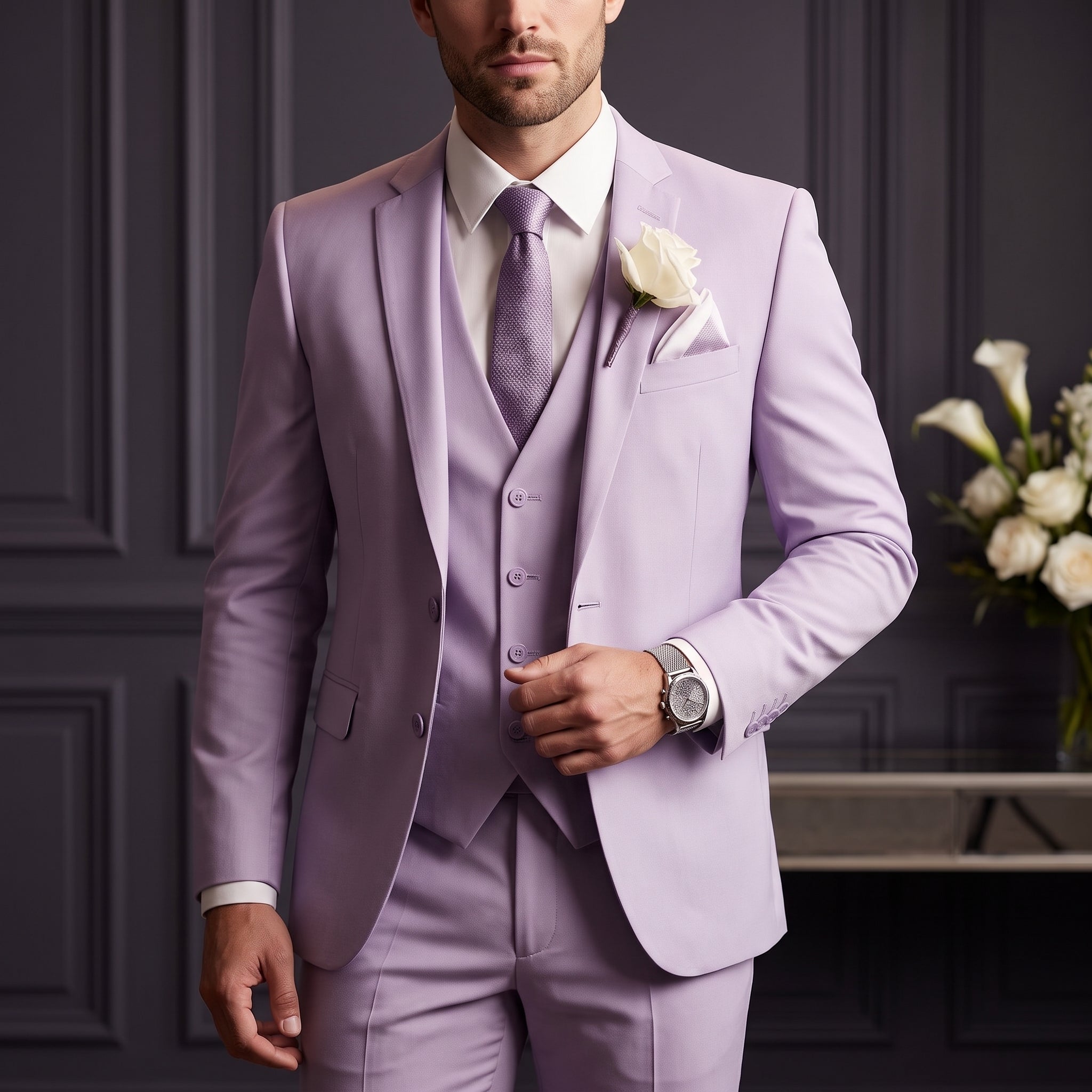 Reinhard – Men's Classic Notch Lapel Waistcoat Wedding Guest Suit - Suits - Purple - Parker&Brooks