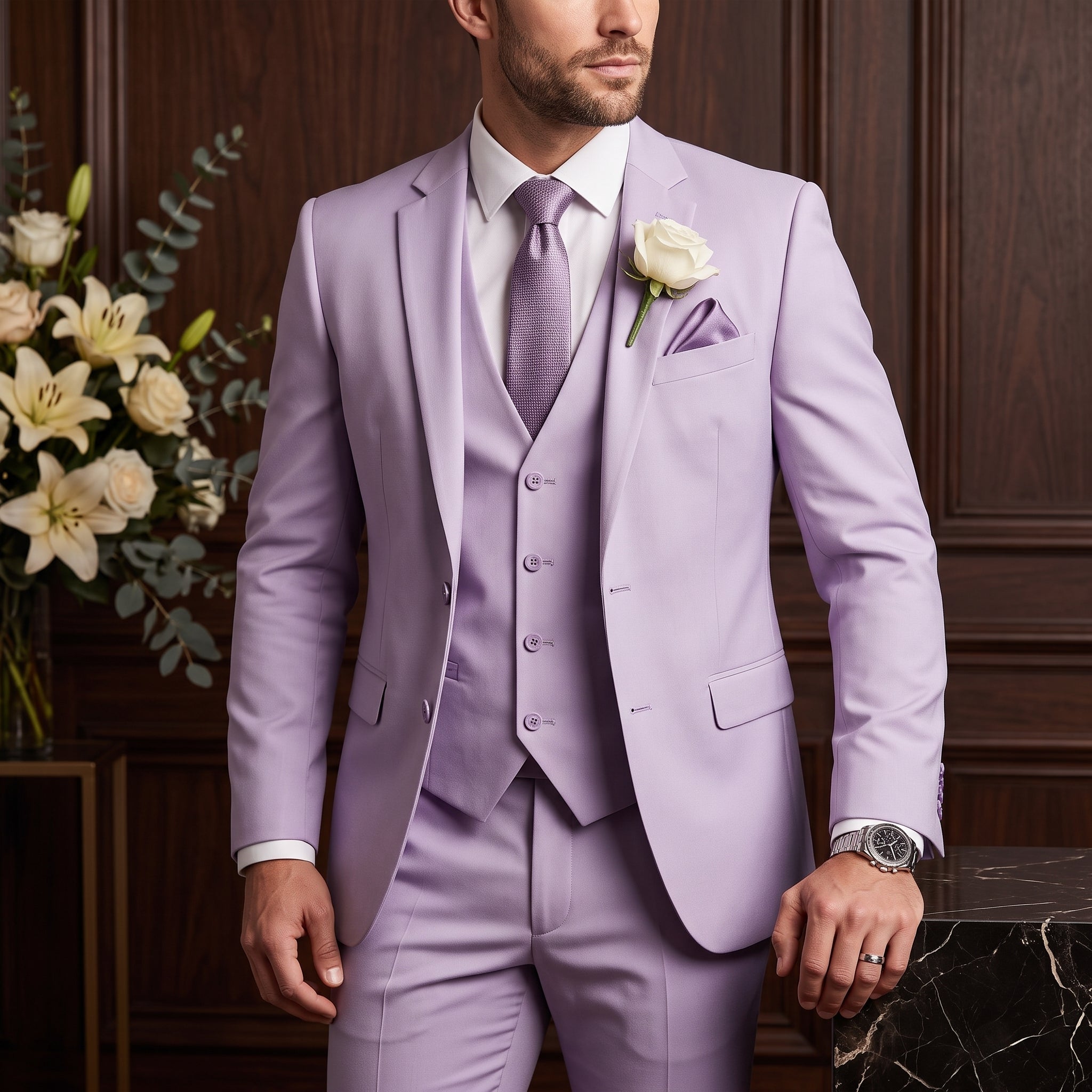 Reinhard – Men's Classic Notch Lapel Waistcoat Wedding Guest Suit - Suits - Purple - Parker&Brooks