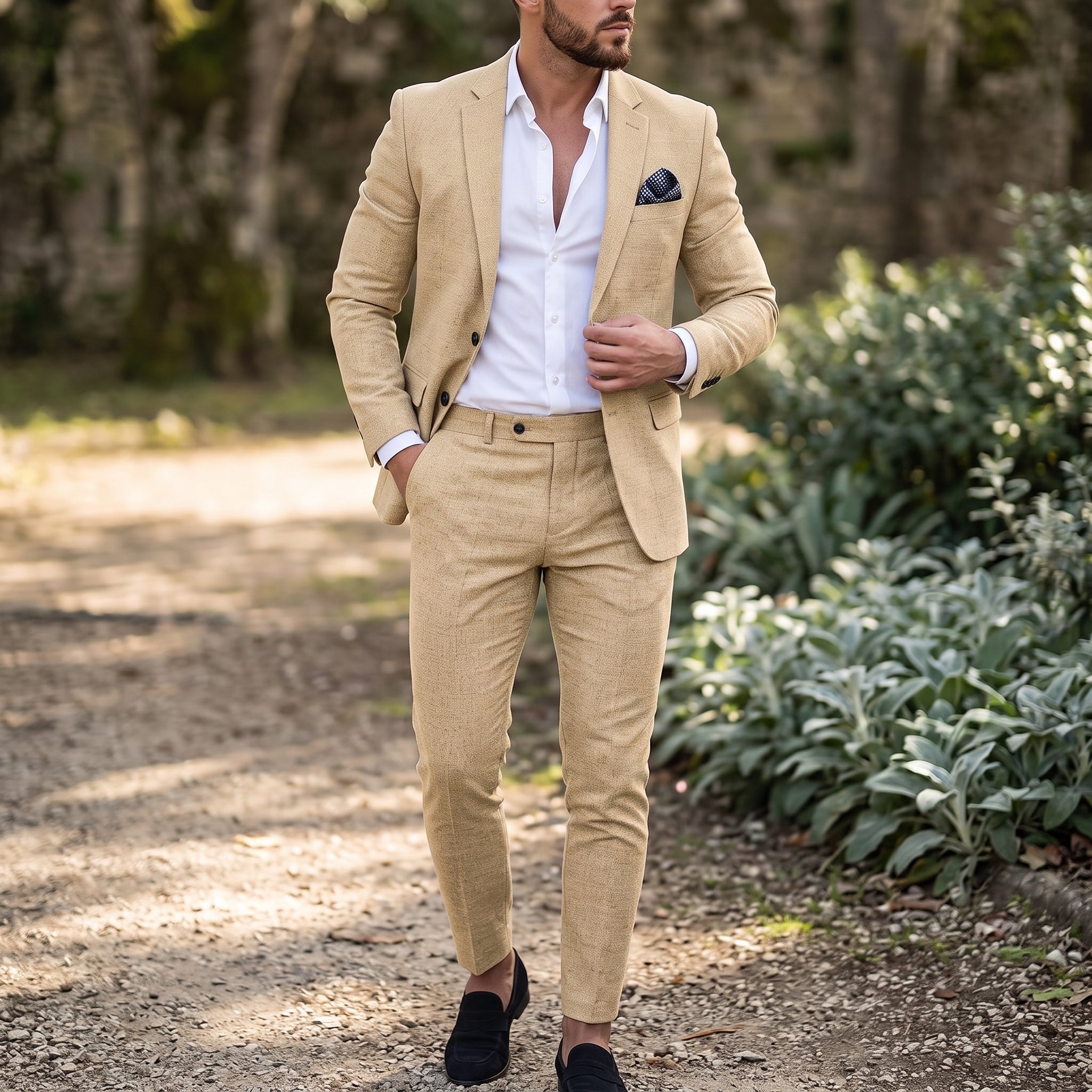 Reinhard - Men's Slim Fit Notch Lapel Two-Piece Wedding Guest Suit - Suits - Beige - Parker&Brooks