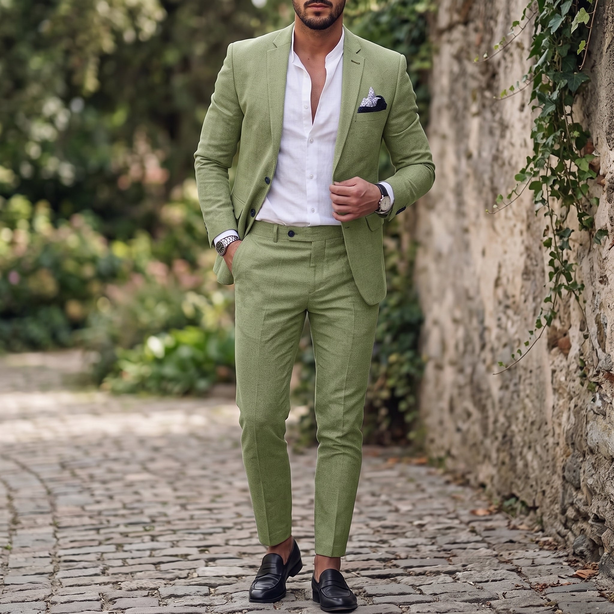 Reinhard - Men's Slim Fit Notch Lapel Two-Piece Wedding Guest Suit - Suits - Green - Parker&Brooks