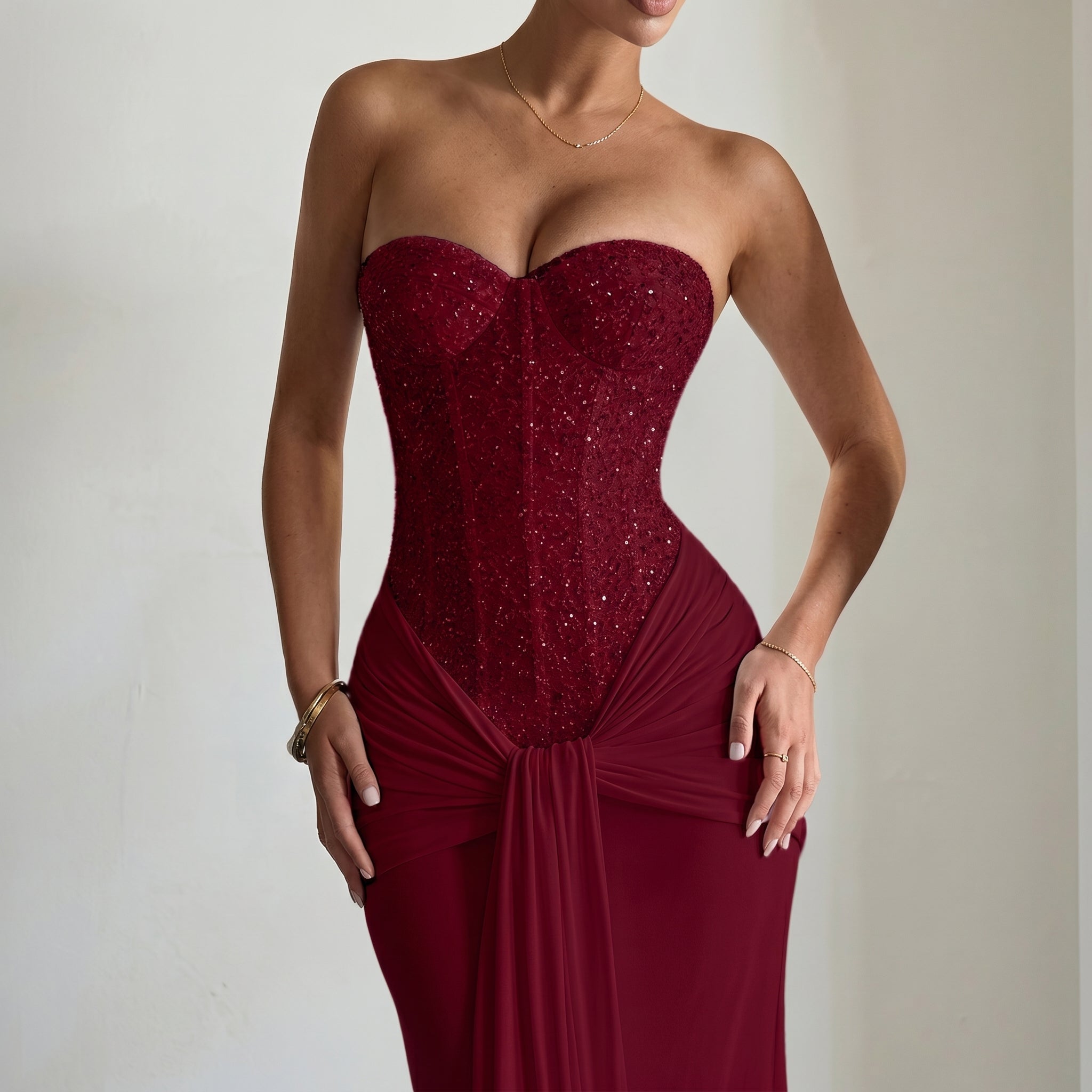 Rosa - Women's Evening Lace Corset Maxi Dress - Maxi Dress - Burgundy - Parker&Brooks