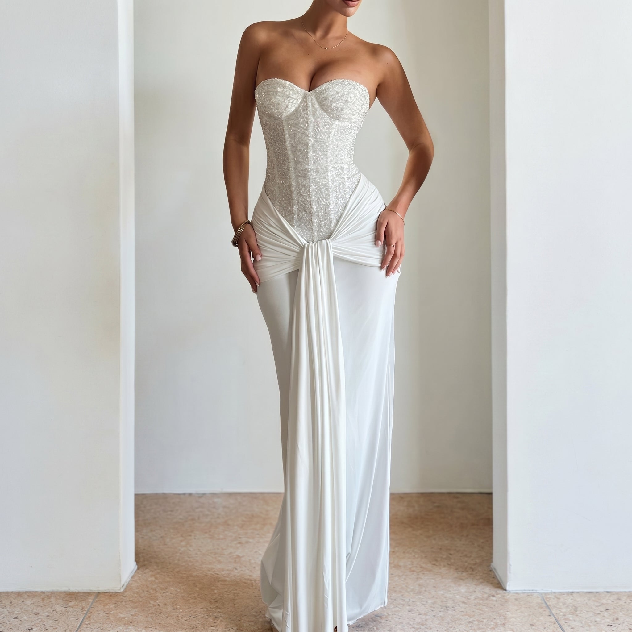 Rosa - Women's Evening Lace Corset Maxi Dress - Maxi Dress - White - Parker&Brooks