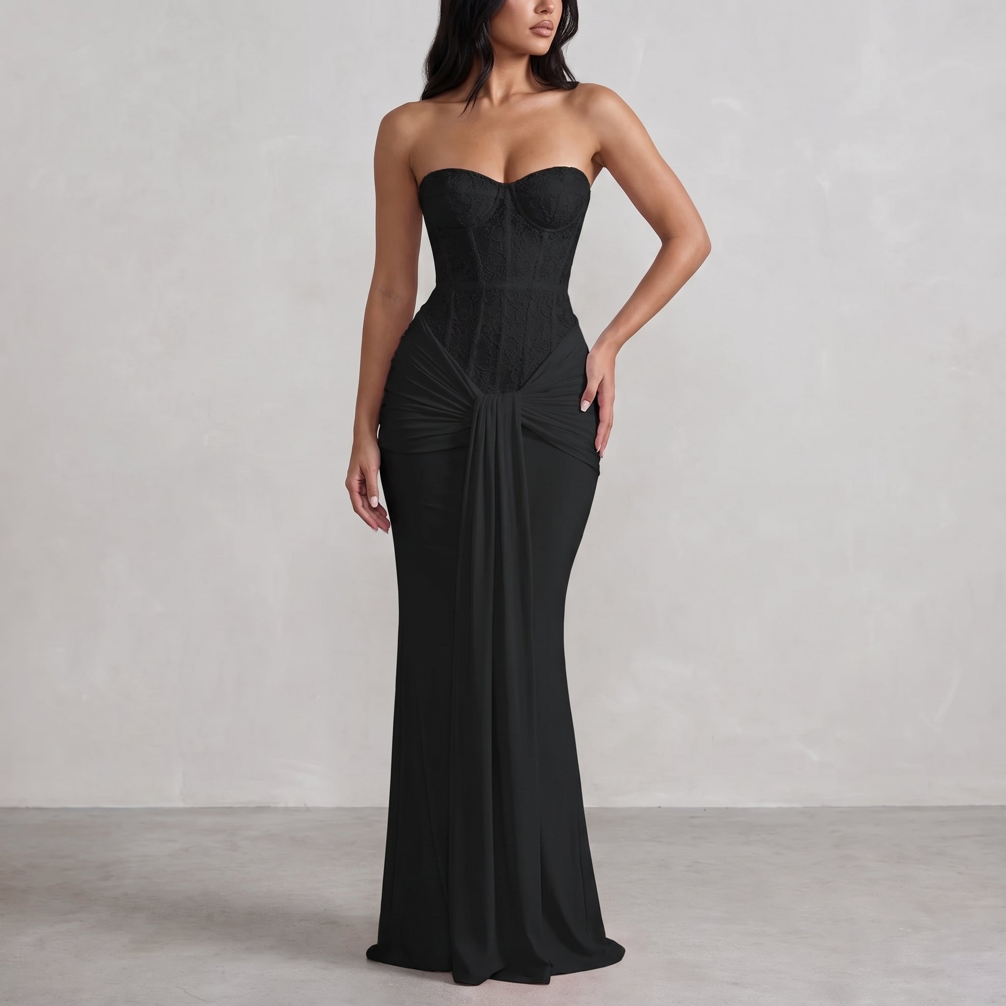 Rosa - Women's Evening Lace Corset Maxi Dress - Maxi Dress - Black - Parker&Brooks